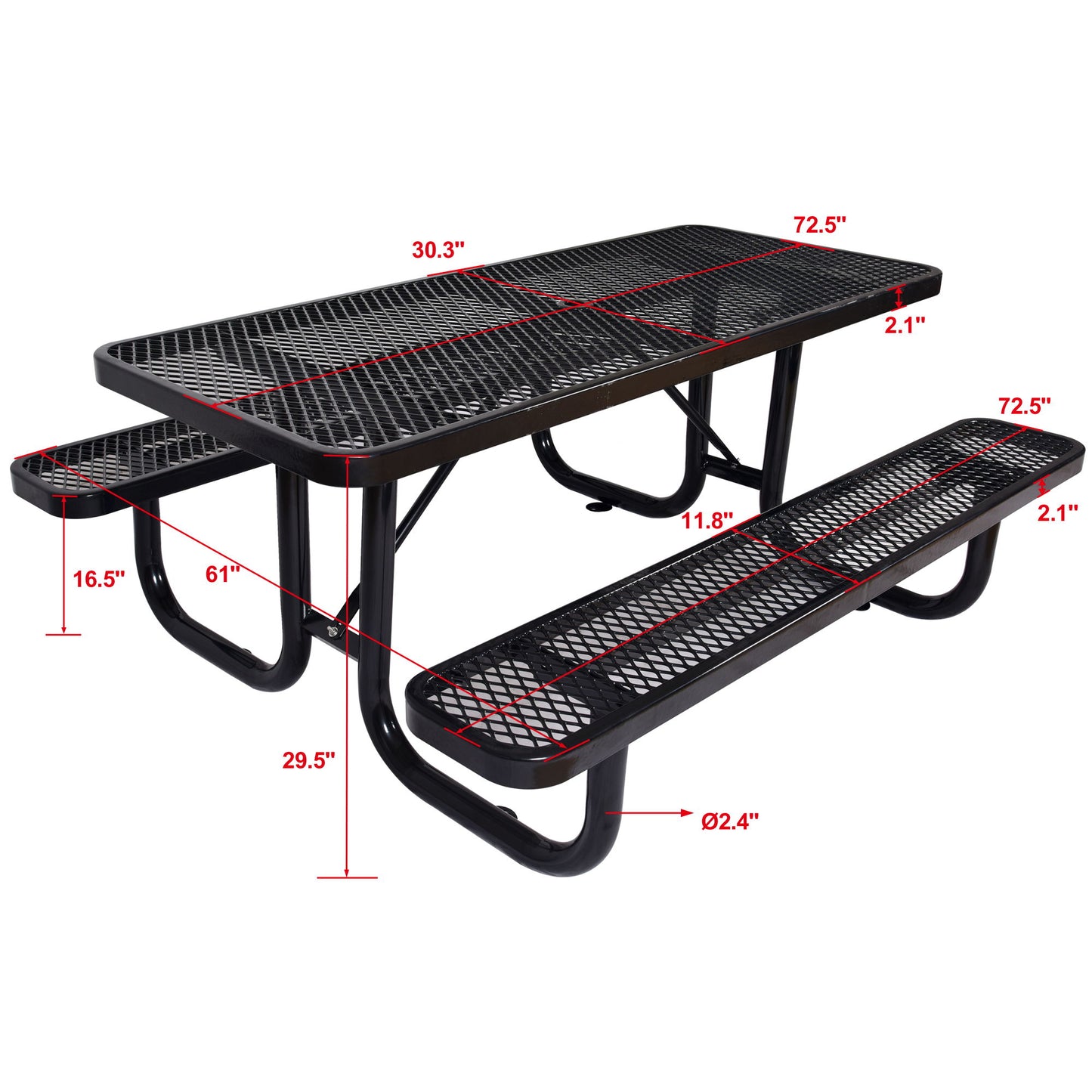 Rectangular Outdoor Steel Picnic Table With Umbrella Pole - Black