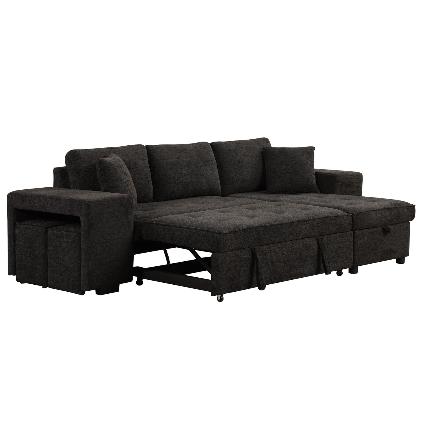 Modern L-Shape 3 Seat Reversible Sectional Couch, Pull Out Sleeper Sofa With Storage Chaise And 2 Stools For Living Room Furniture Set - Charcoal Gray
