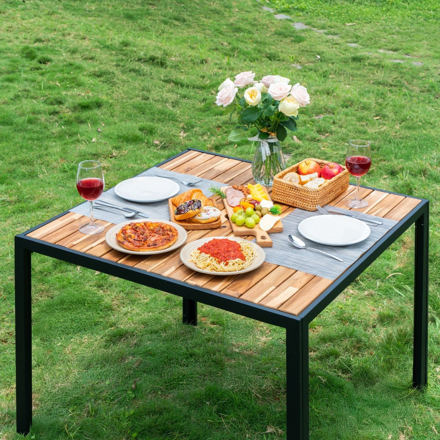 All Weather 5 Piece Patio Dining Table Sets With Acacia Wood Top And Umbrella Hole, Rattan Outdoor - Light Gray