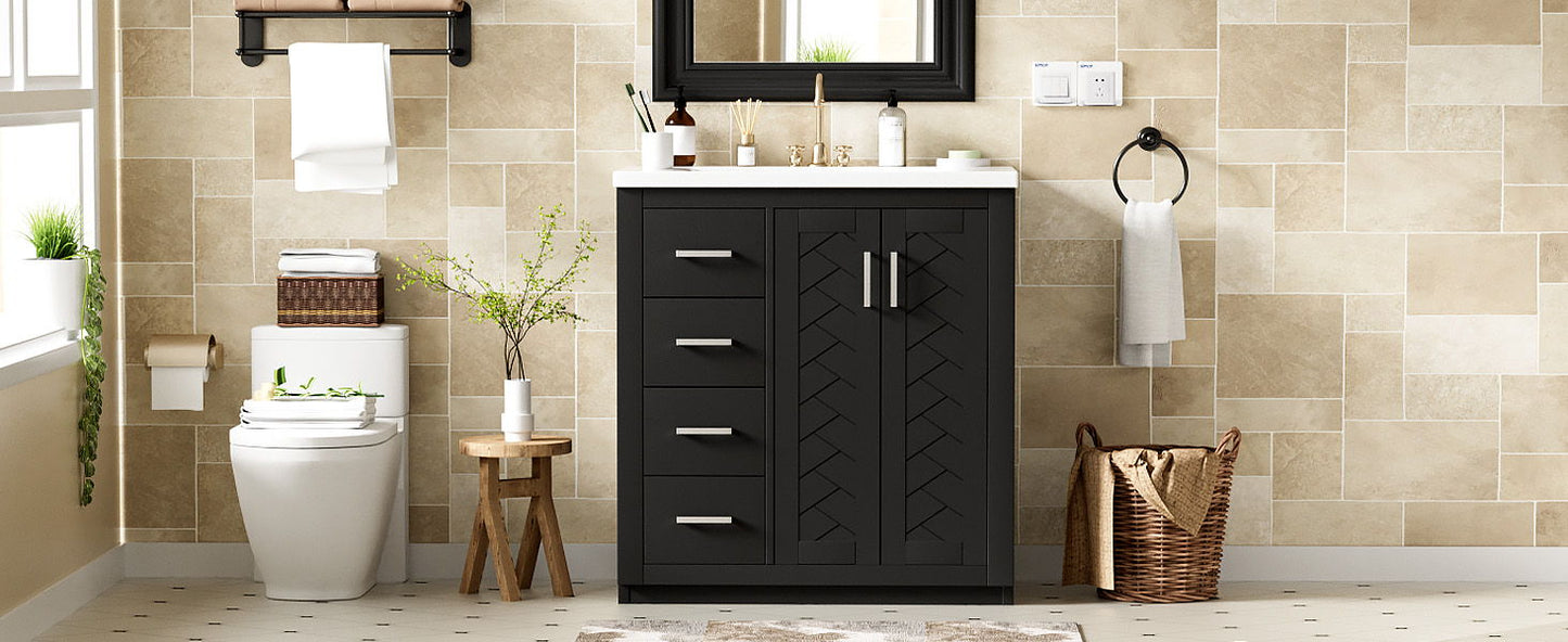 Bathroom Vanity With Ceramic Sink Combo, Frame Bathroom Storage Cabinet, Freestanding Vanity Set With 3 Drawers & Soft Closing Doors - Black