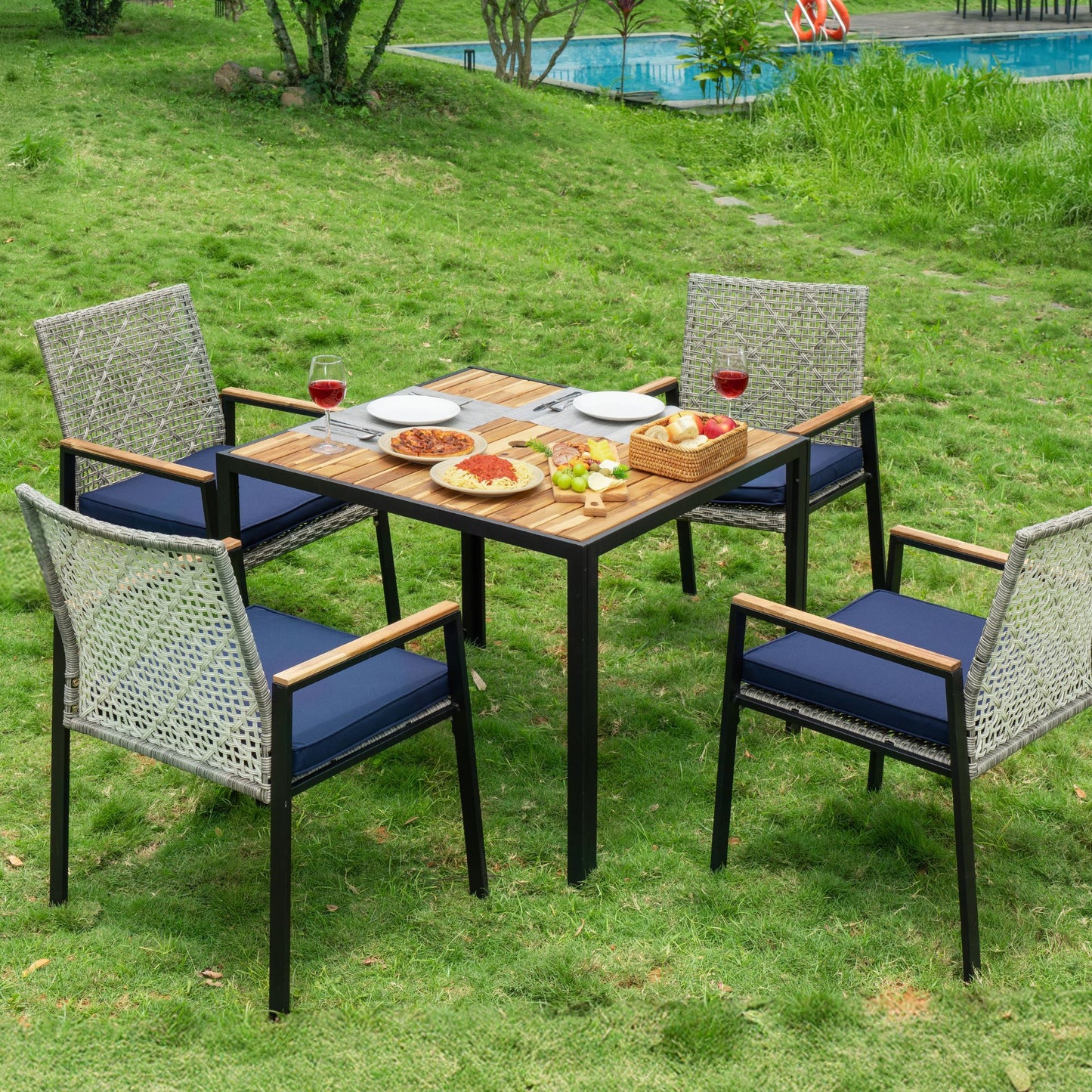 All Weather 5 Piece Patio Dining Table Sets With Acacia Wood Top And Umbrella Hole, Rattan Outdoor - Light Gray