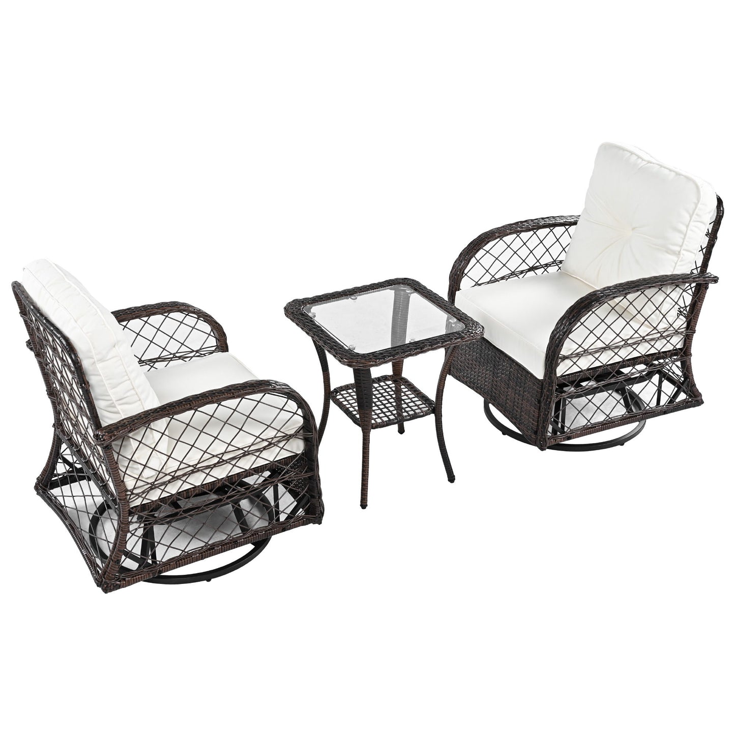 3 Piece Outdoor Chair & Table Set Chat Set 2 Person Rattan Seating Group With 2 Swiveling And Rocking Chairs And A Square Table For Garden, Patio, Or Balcony - Brown