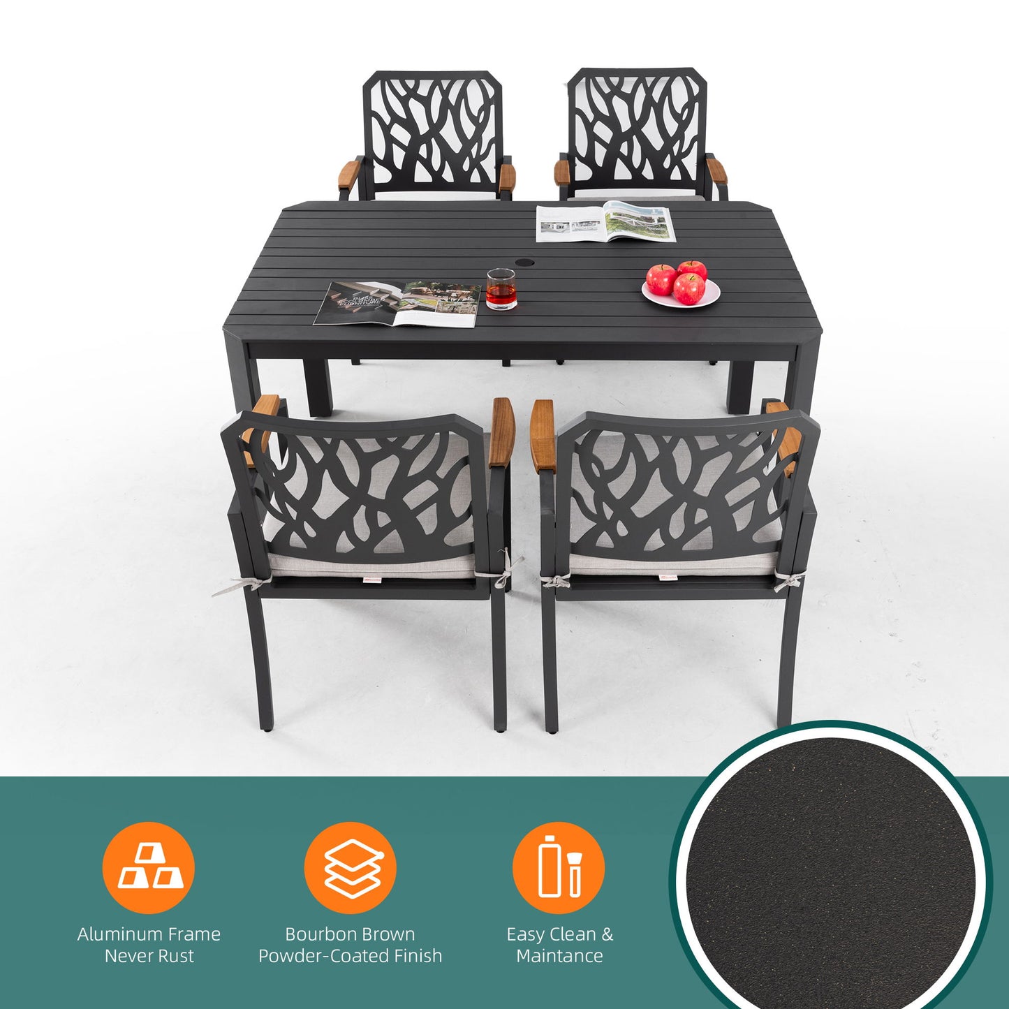 5 Pieces Outdoor Patio Aluminum Furniture Set, Rectangular Table With Umbrella Hole - Bourbon Brown