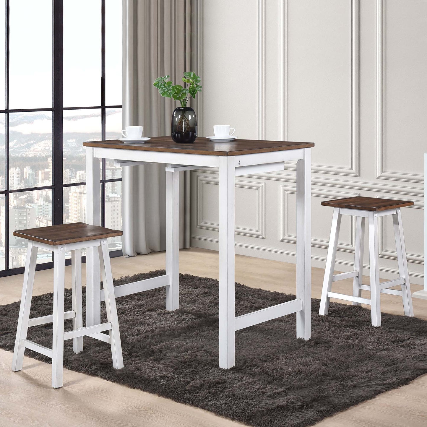 3 Pieces Counter Set Hanging Stool Easy To Clean For Small Space - Antique Dark Oak / Antique White