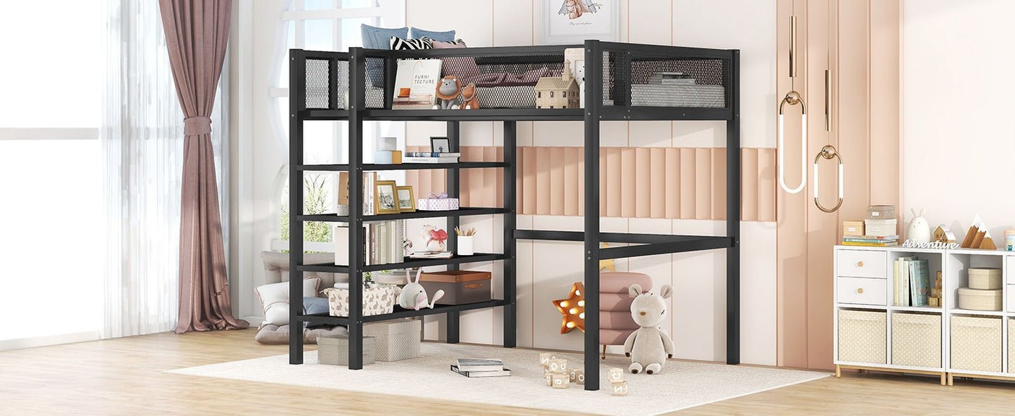 Twin Size Loft Bed With 4 Tier Shelves And Storage - Black