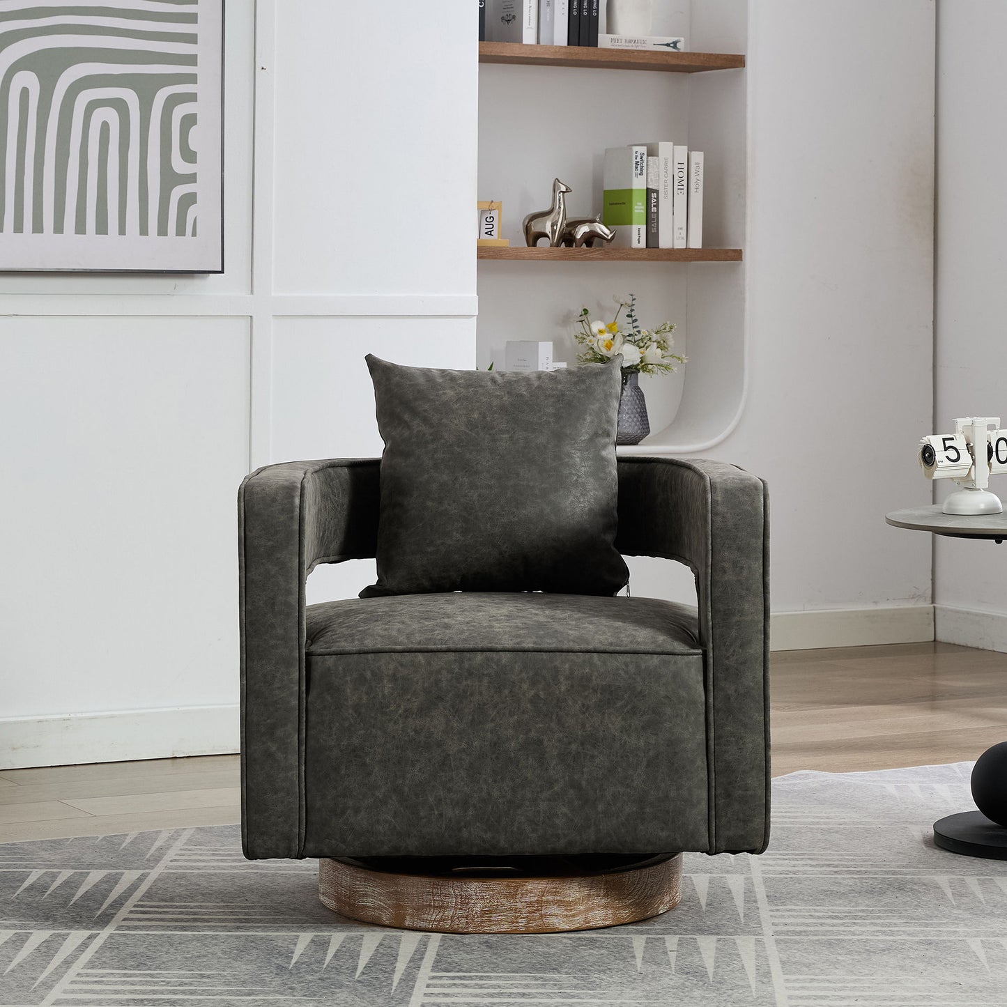 Swivel Accent Open Back Barrel Chair Modern Comfy Sofa Chair With Weathered Base For Living Room, Club Chair Leisure Arm Chair For Lounge - Gray