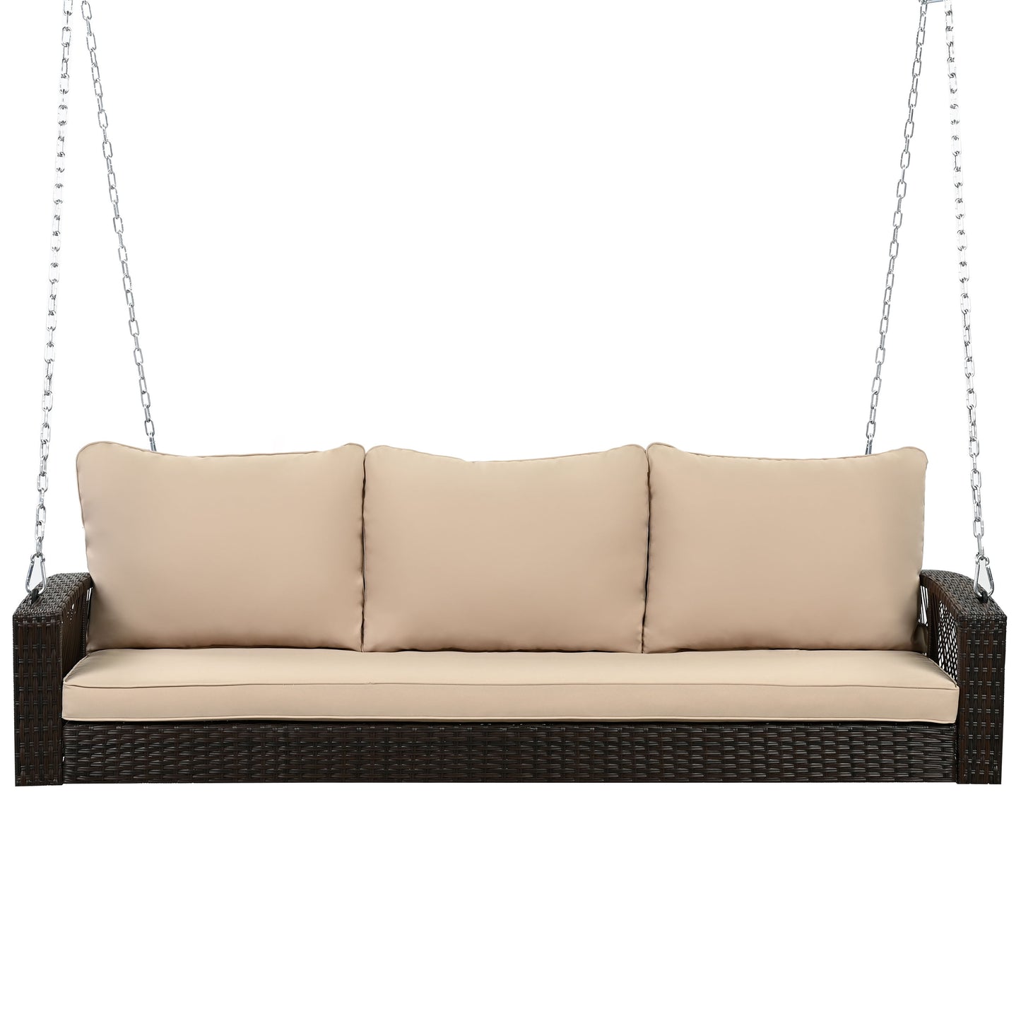 3 Person Porch Swing With Chains, Large Patio Swing Bench With Cushions For Backyard, Garden, And Poolside - Brown