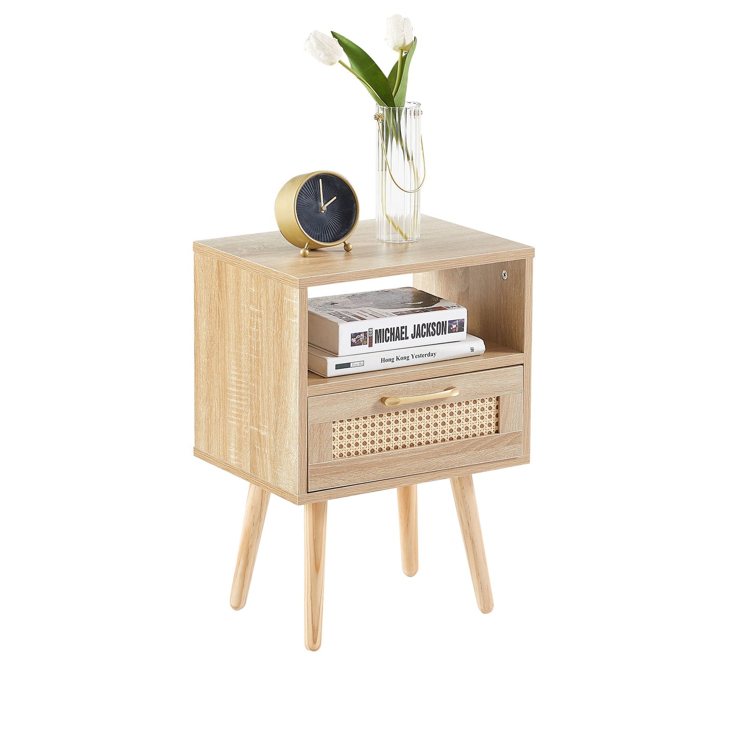 15.75" Rattan End Table With Drawer And Solid Wood Legs, Modern Nightstand, Side Table For Living Room, Bedroom - Natural