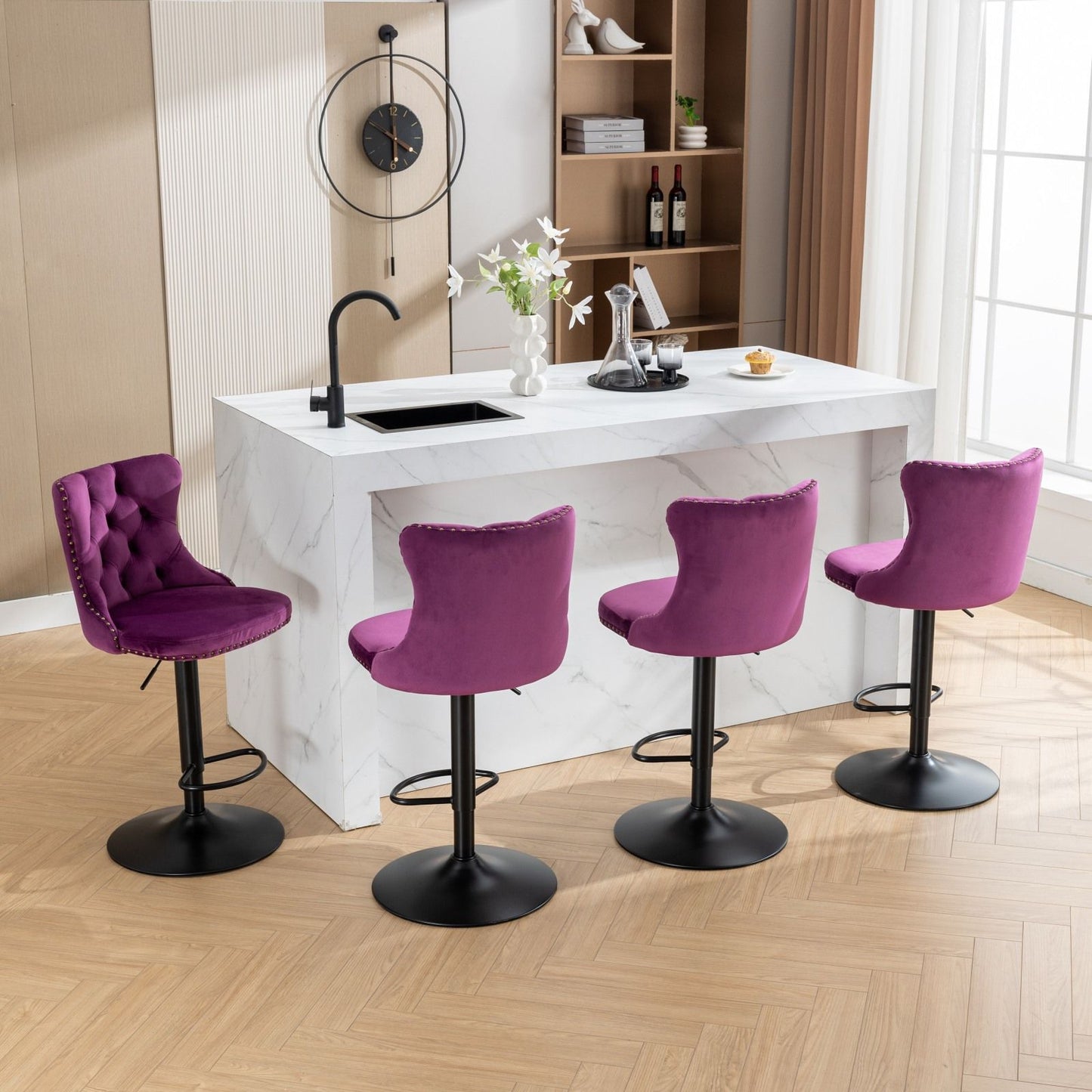 Swivel Velvet Barstools Adjusatble Seat Height , Modern Upholstered Bar Stools With Backs Comfortable Tufted For Home Pub And Kitchen Island (Set of 2) - Purple