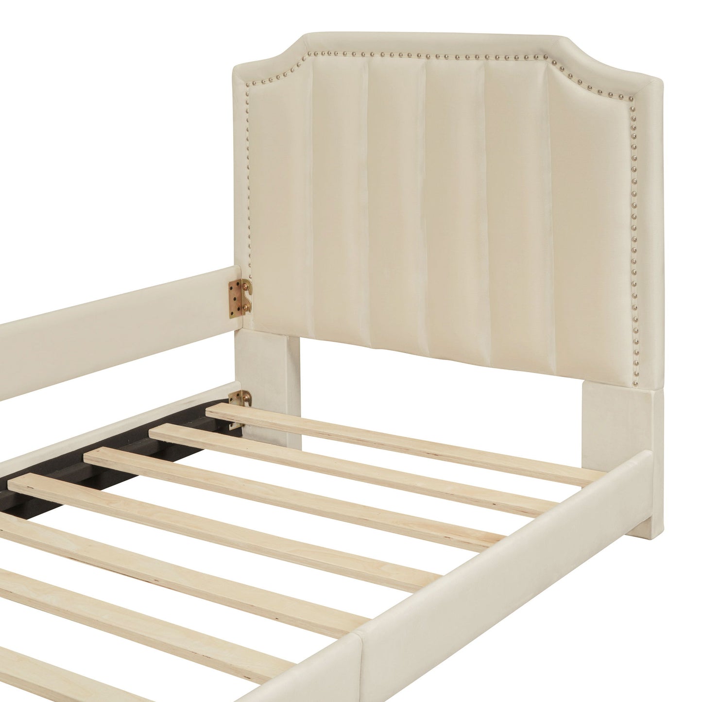 Twin Size Upholstered Daybed With Classic Stripe Shaped Headboard - Beige