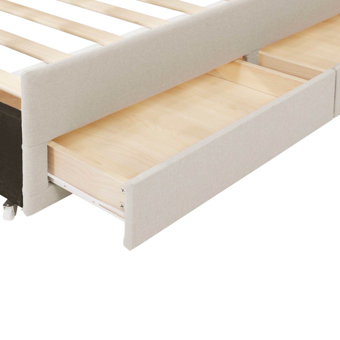 Full Size Upholstered Platform Bed With Twin Size Trundle And 3 Drawers - Beige