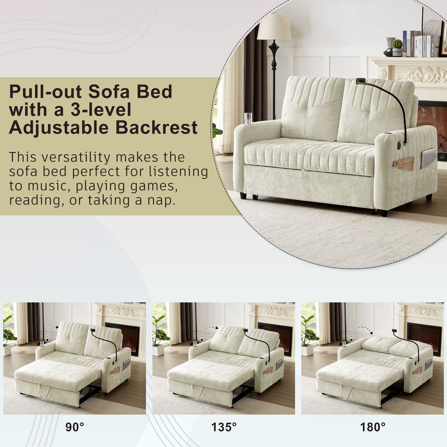 Modern Loveseat Pull Out Sofa Bed With Adjustable Backrest, Two Cup Holders, A Phone Holder, Three Charging Ports And Side Storage Pockets For Living Room - Beige