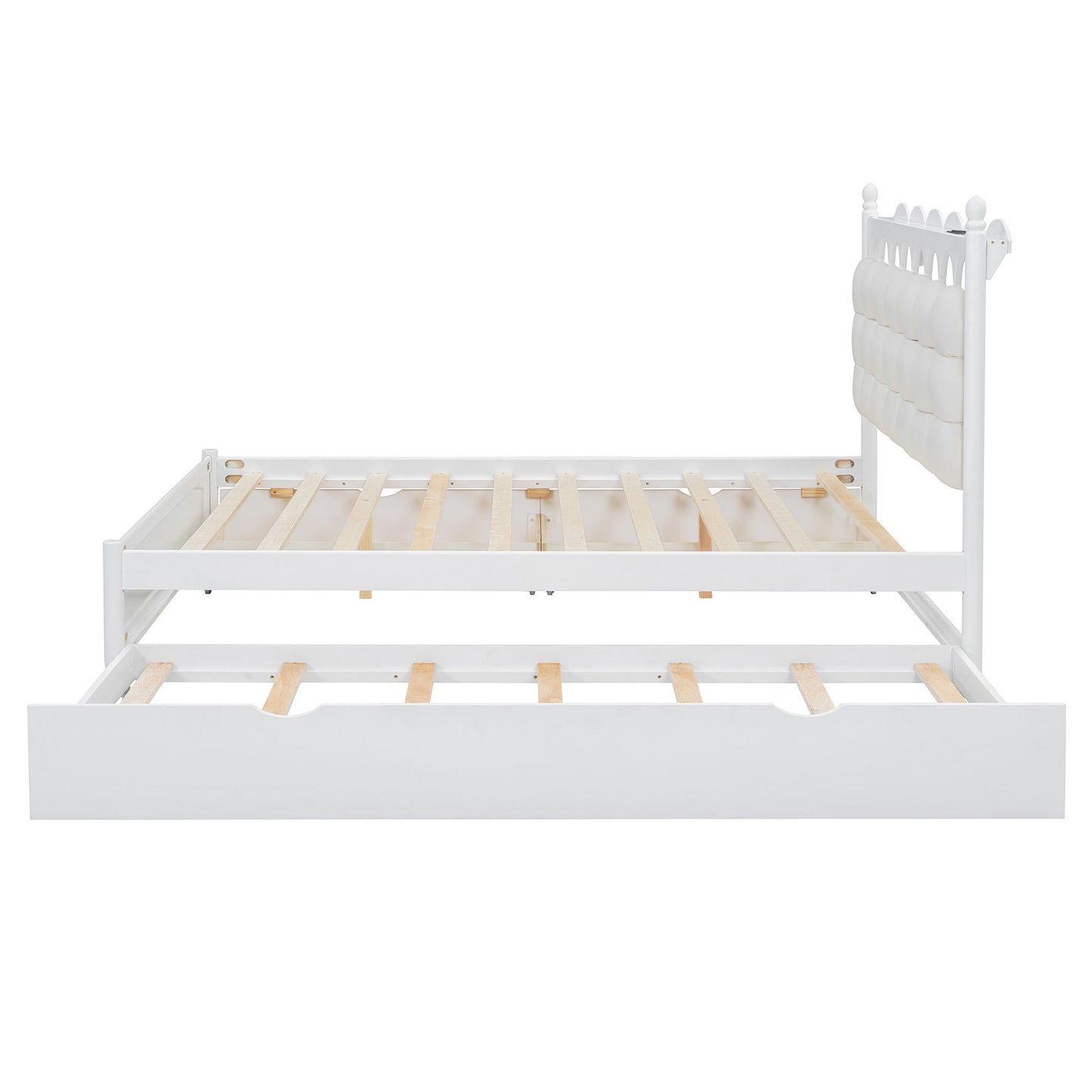 Queen Size Storage Platform Bed, With 2 Big Drawers, Twin Long Size Trundle, One Set Of Sockets & USB Ports - White