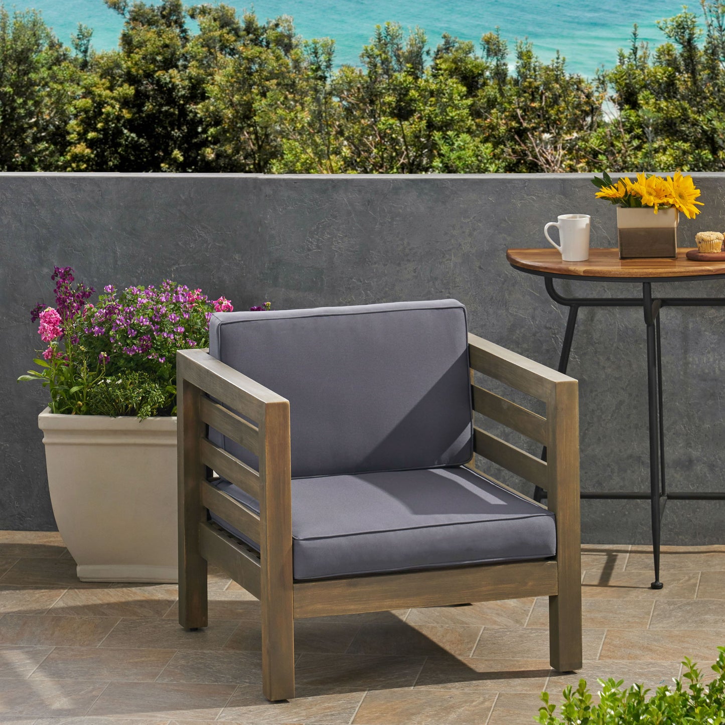 Outdoor Club Chair, Acacia Wood Patio Chair With Fabric Cushion For Backyard, Poolside, Garden Or Porch - Gray