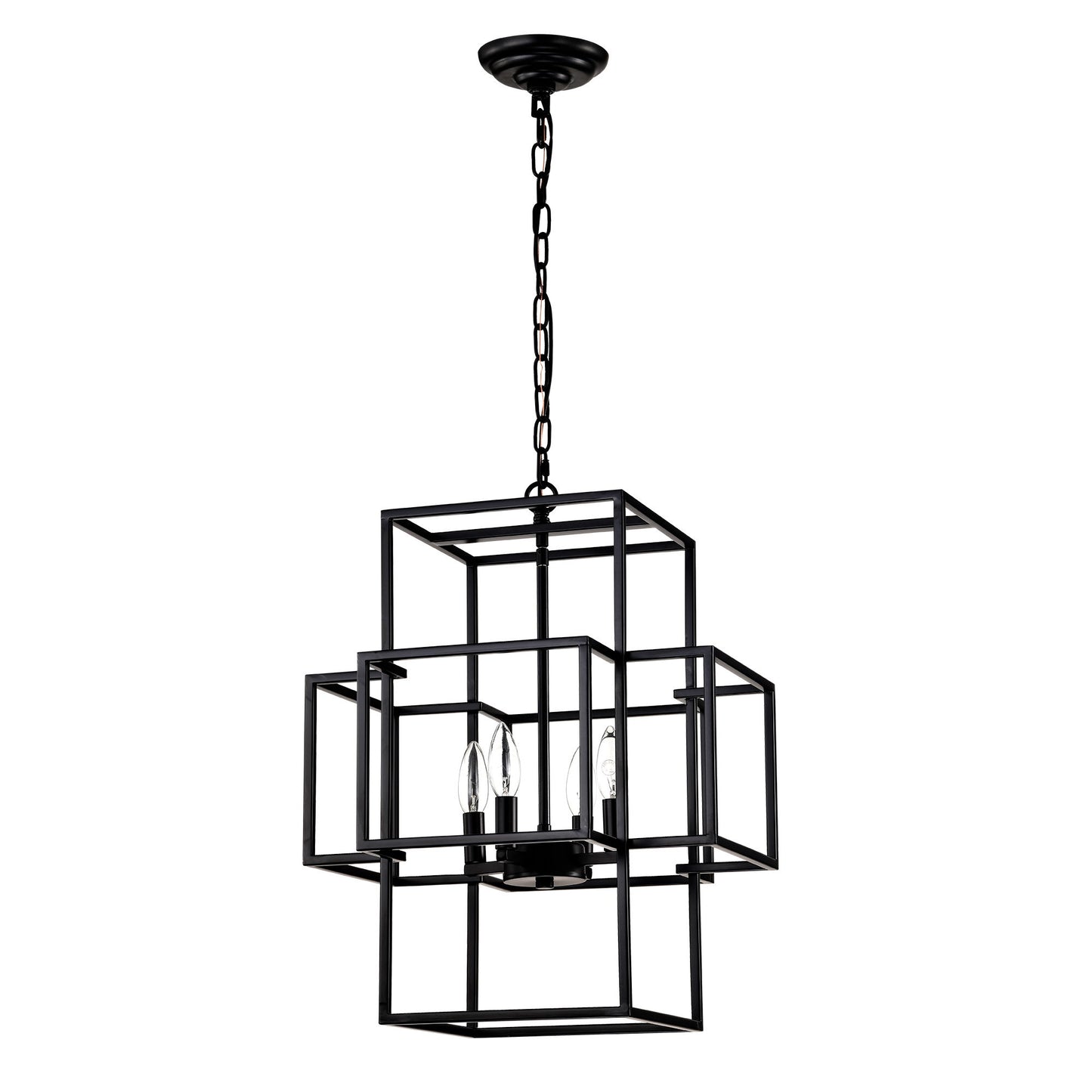 4 Light Metal Lantern Tiered Pendant Hanging Light Fixtures, Industrial Farmhouse Adjustable Height Chandeliers For Dining Room Hallway Foyer Entryway (E12 Bulbs Not Included) - Matte Black