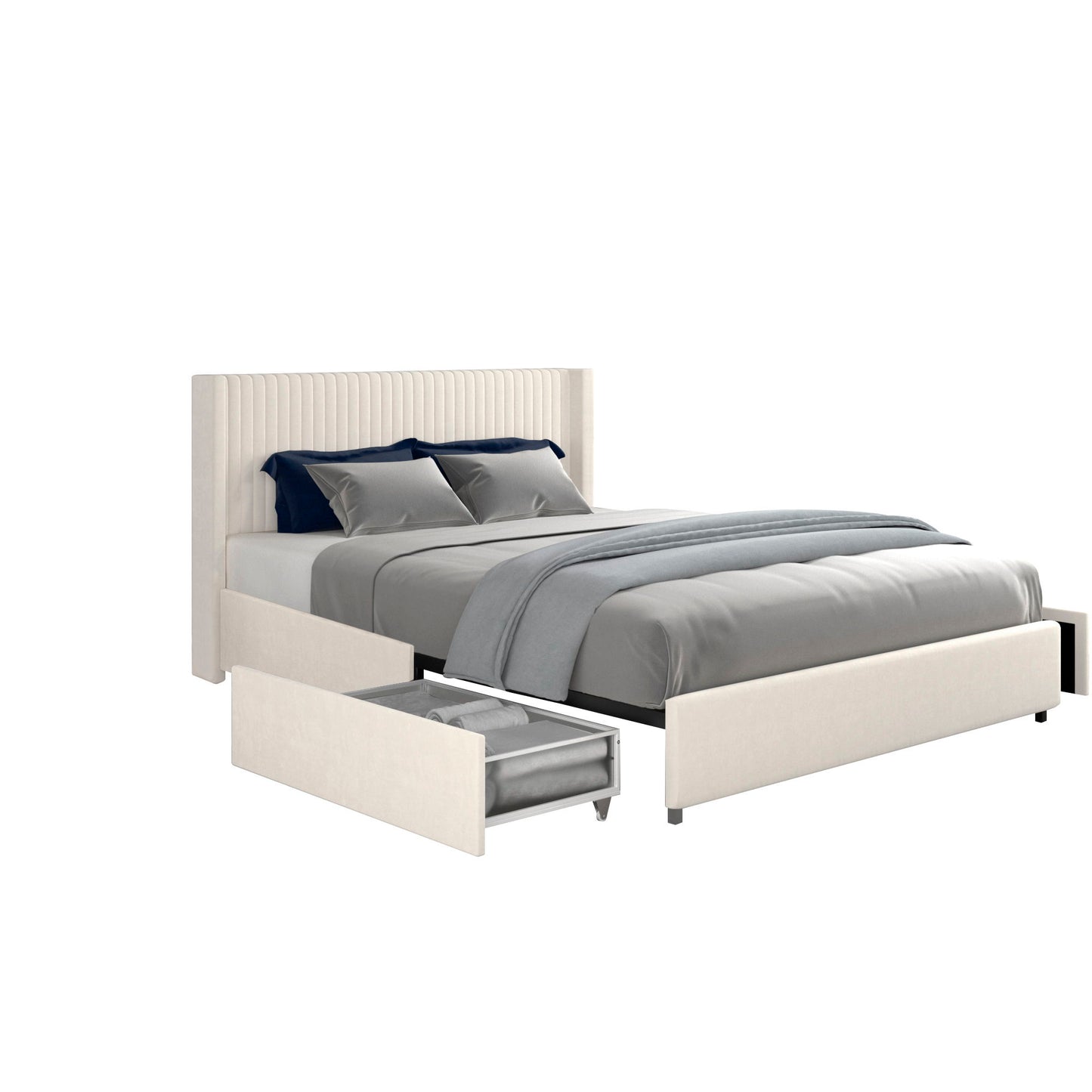 Anna - Queen Patented 2 Drawer Storage Bed, Upholstered Wingback - Ivory Velvet
