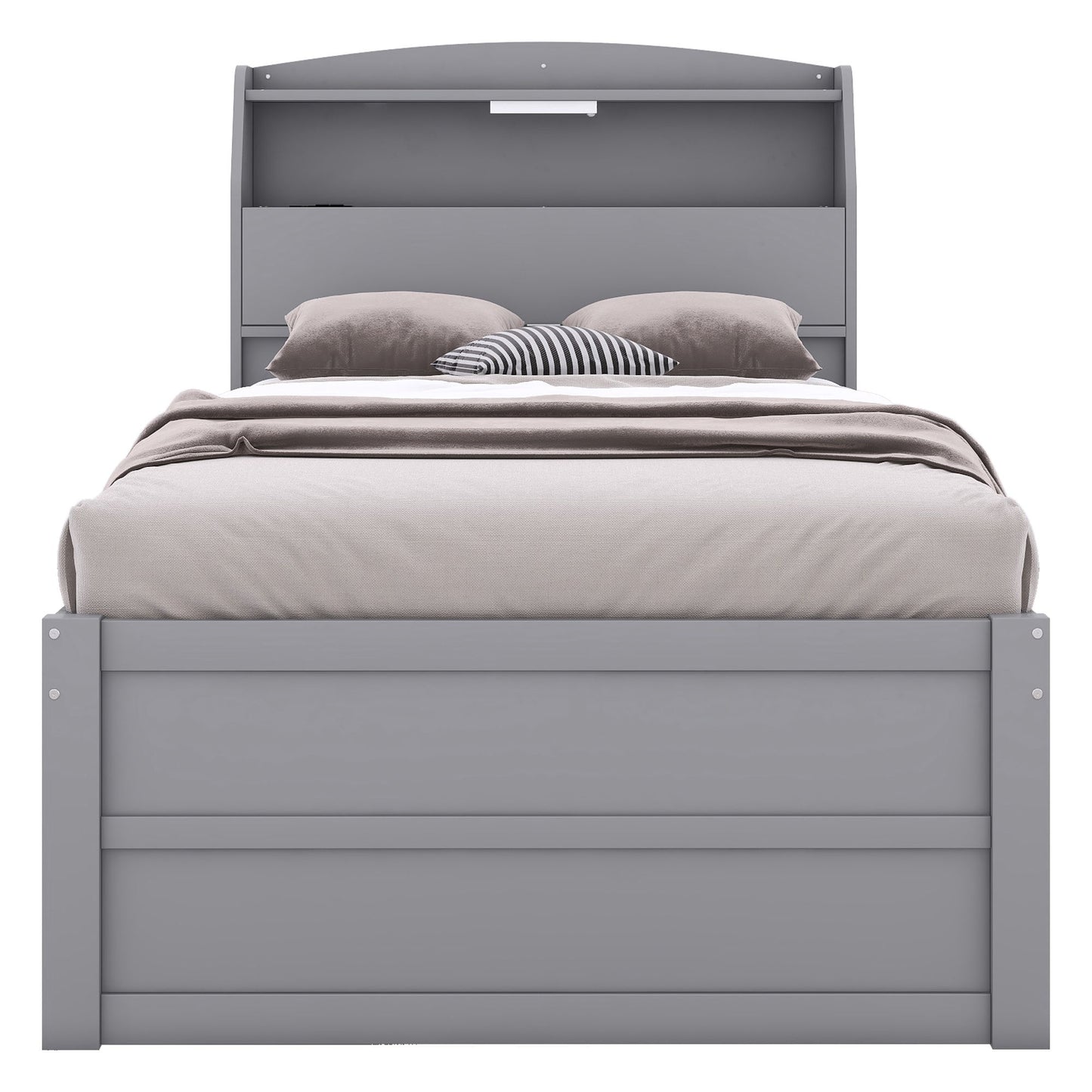 Twin Size LED Platform Bed With Trundle With Storage Headboard With Drawers - Gray