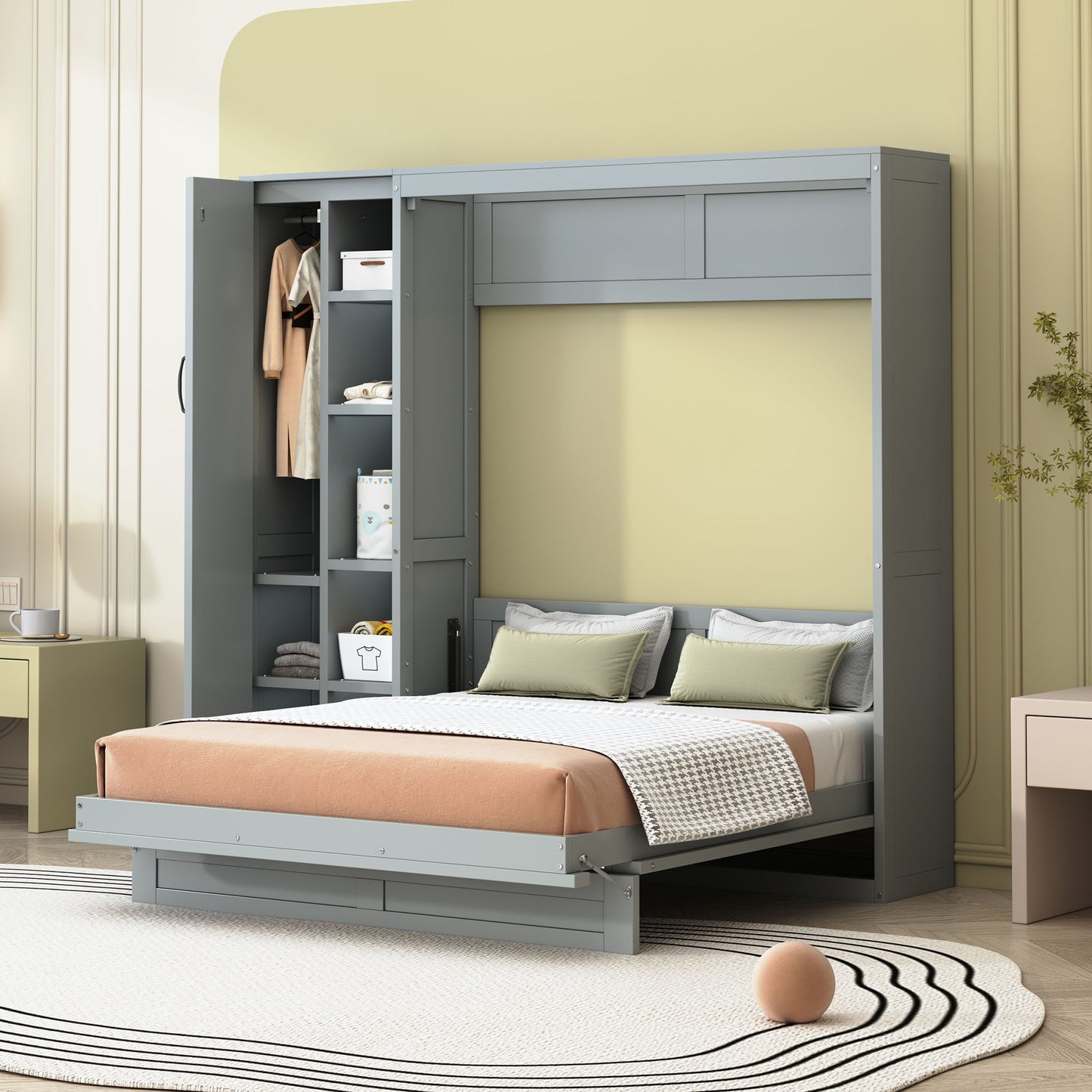 Full Size Murphy Wall Bed With Shelves, Wardrobe And LED Lights - Gray