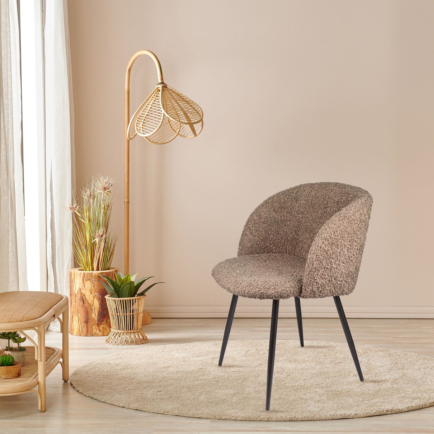 Adjust Legs Upholstered Teddy Faux Fur Dining Armrest Chair (Set of 2) - Light Brown