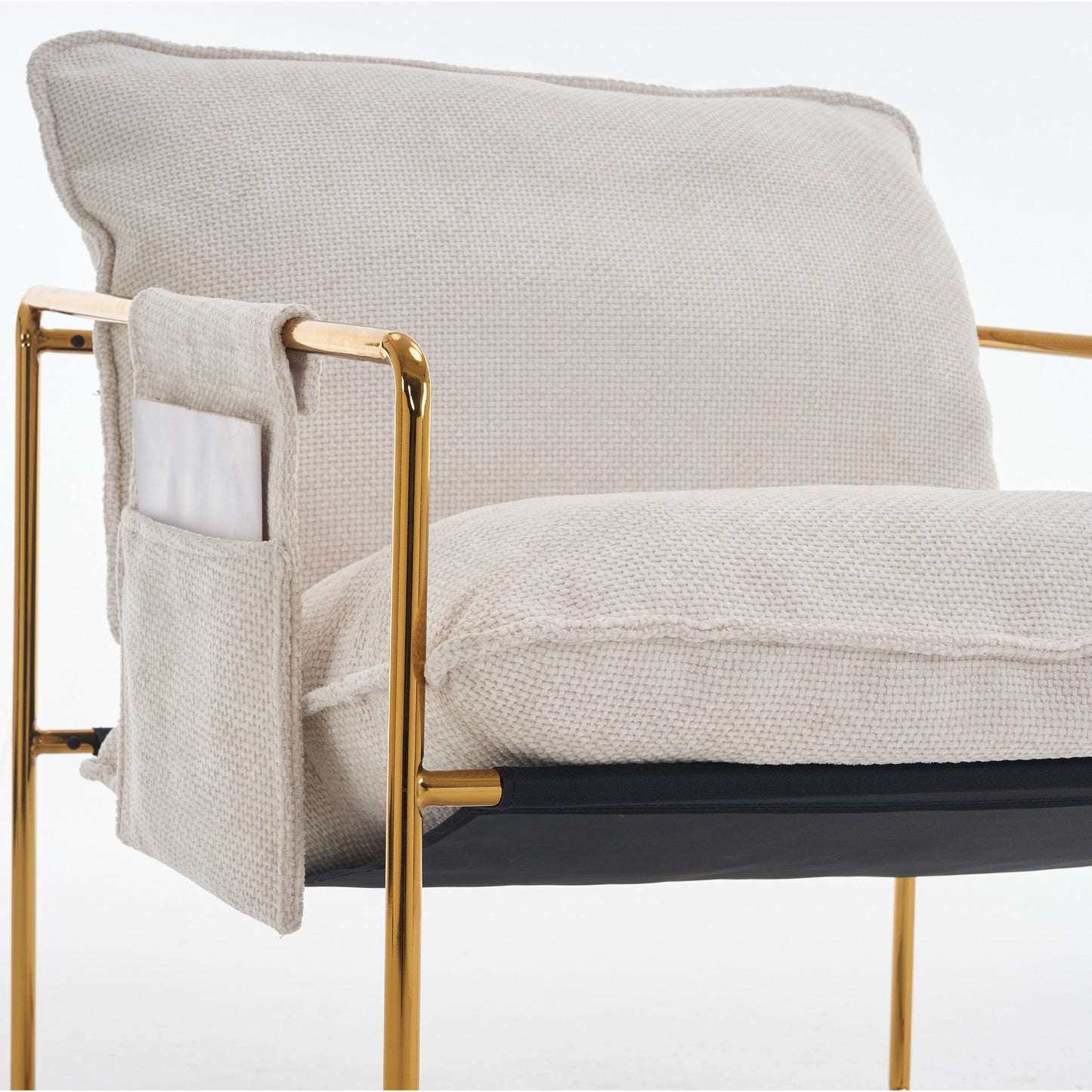 Upholstered Hanging Armchair With Arm Pocketsmetal Frame, Gold-Plated Craftsmanship, Crushed Foam Cushions And Skin-Friendly Woven Fabric For Living Room (Set of 2) - Beige