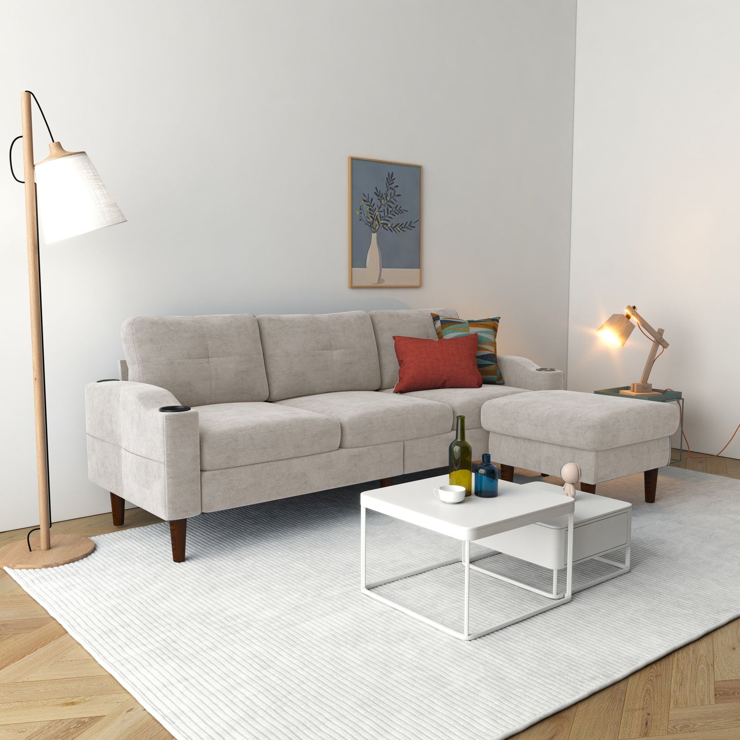 Convertible Combination Sofa, Sofa L Shaped, Sofa With Footstools With Storage Sofa For Living Room, Living Room 3 Seater Combination Sofa - Beige