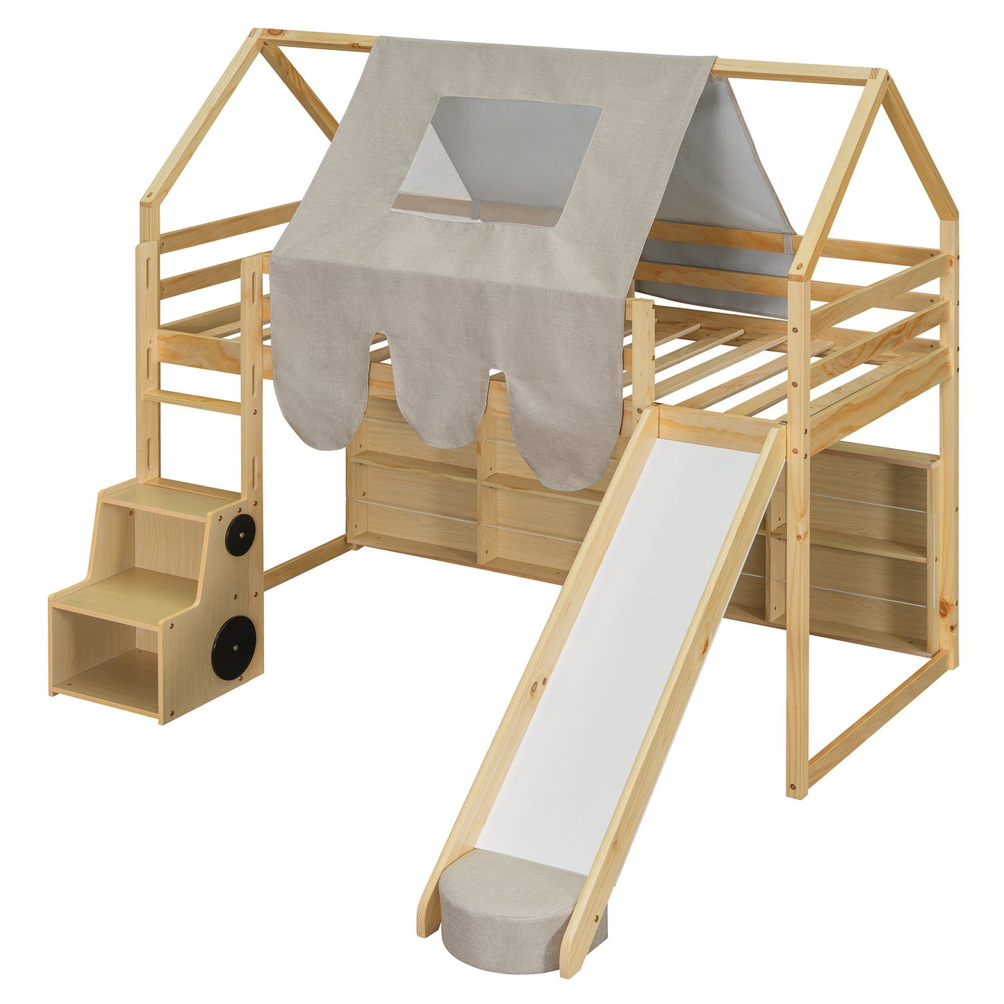 Twin Size Loft Bed With House Shaped Frame And Tent - Natural / Beige