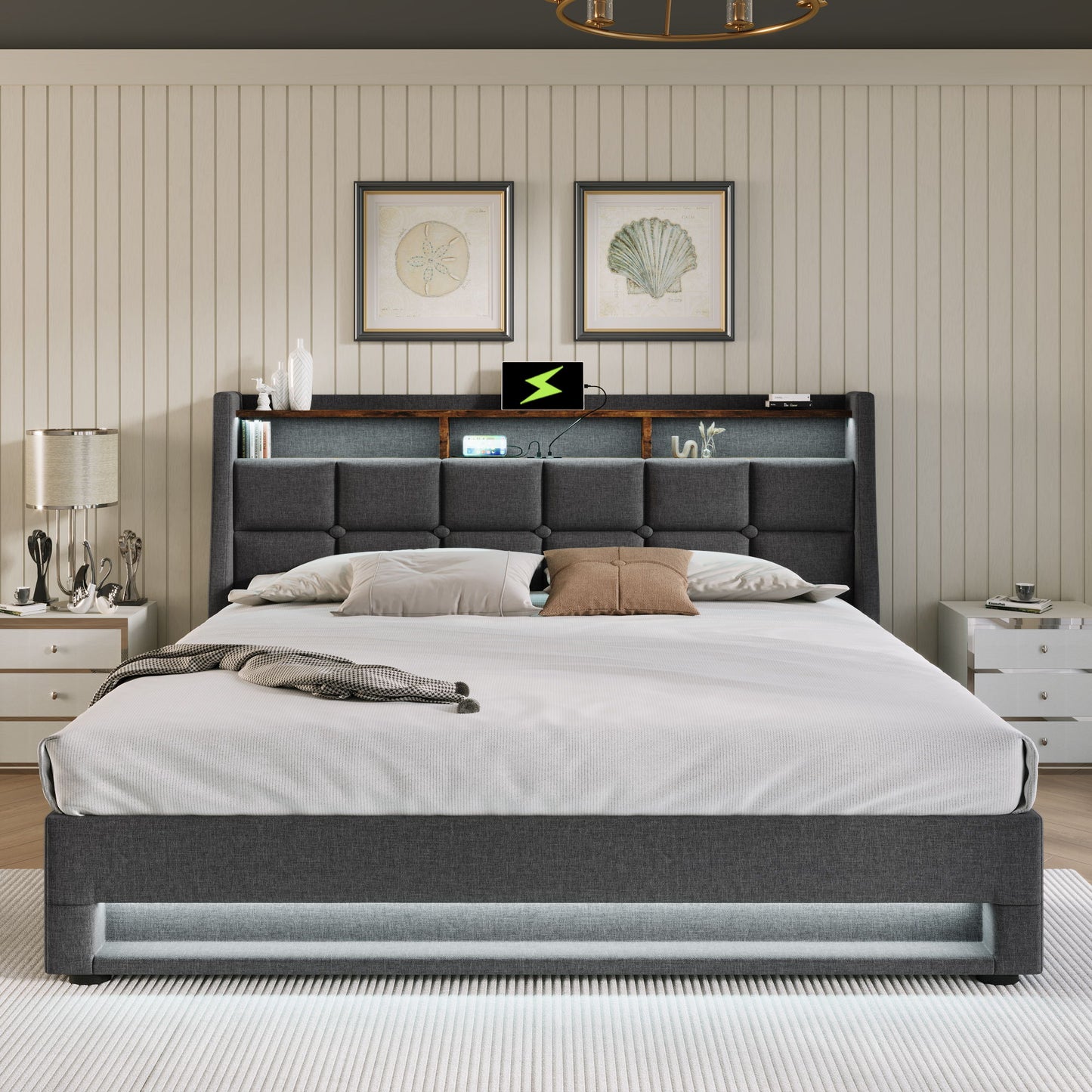 Full Size Upholstered Platform Bed With A Hydraulic Storage System, LED And USB Charging (Without Mattress) - Gray