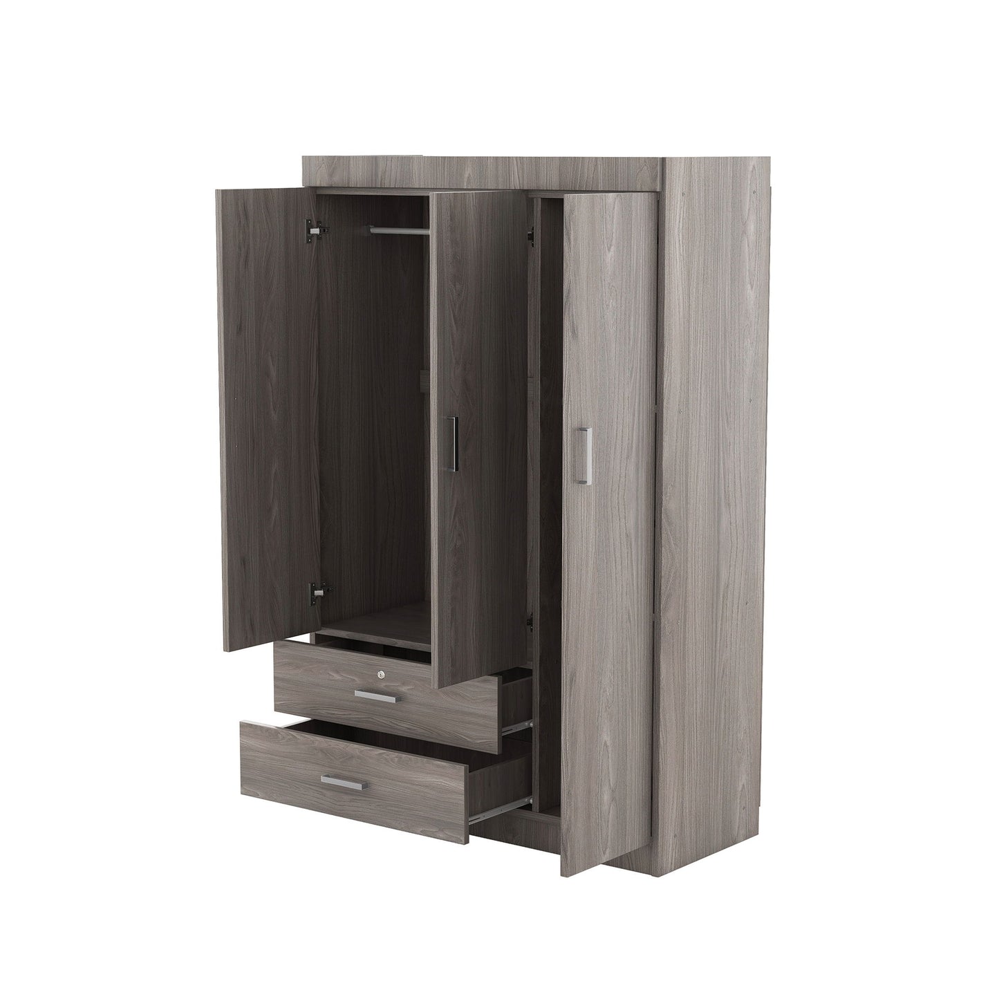 3 Door Wardrobe With 2 Drawers, Grain Effect - Gray