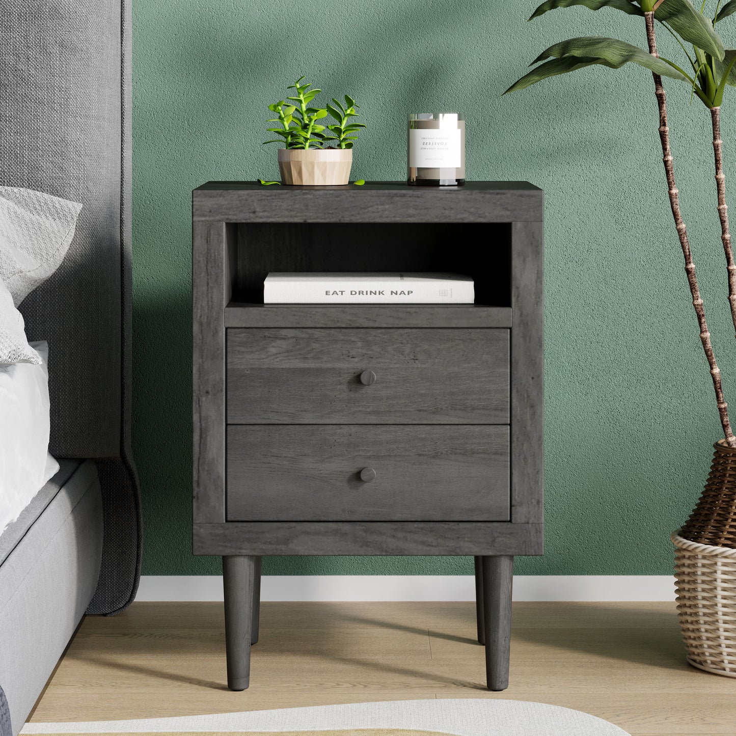 Nystrom - Mid Century Modern 2 Drawer Nightstand - Gray