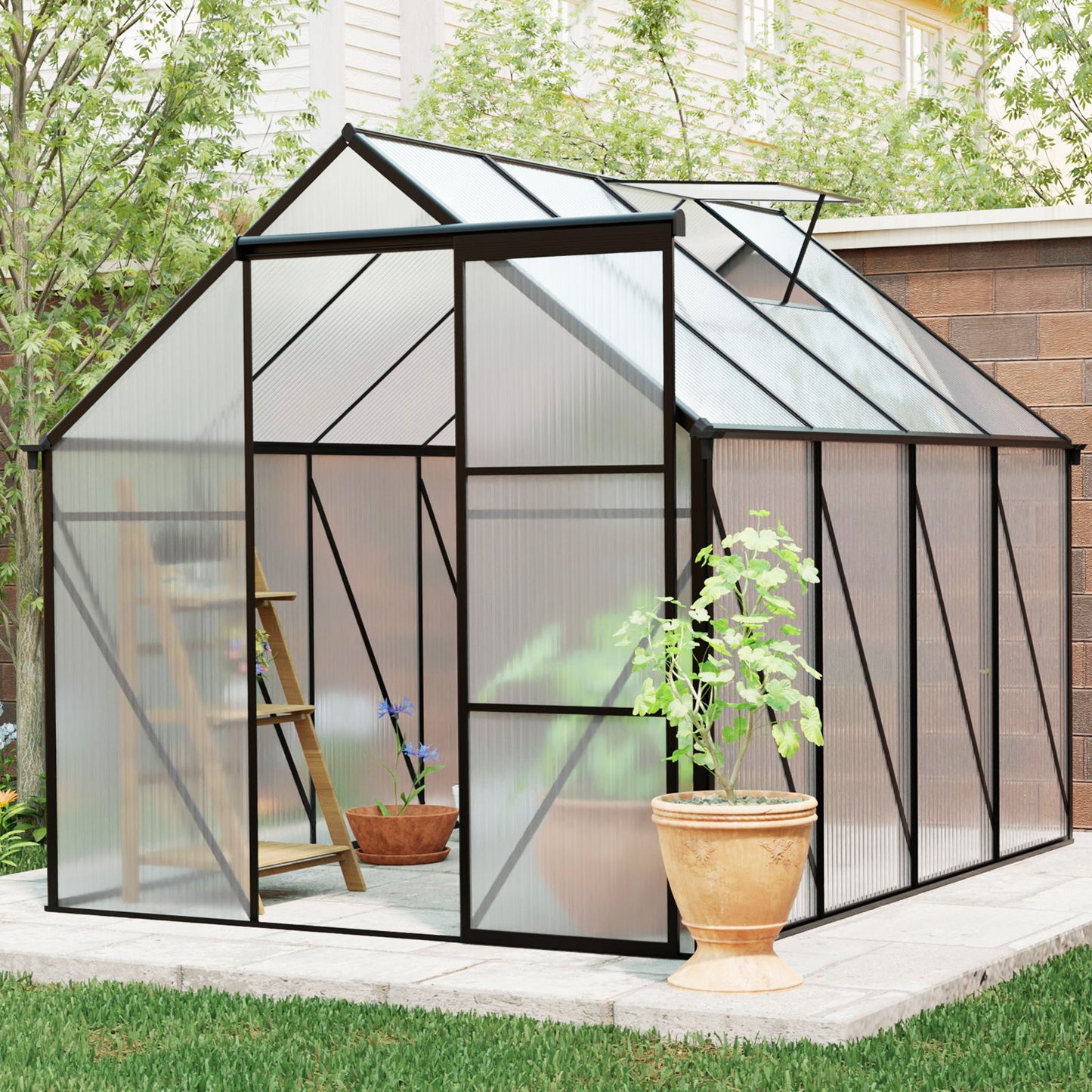 6X8 Ft Polycarbonate Greenhouse Raised Base And Anchor Aluminum Heavy Duty Walk-In Greenhouses For Outdoor Backyard In All Season - Black
