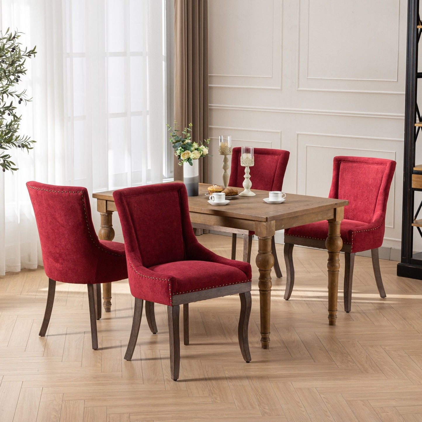 Ultra Side Dining Chair, Thickened Fabric Chairs With Neutrally Toned Solid Wood Legs, Bronze Nail Head (Set of 2) - Wine Red / Burgundy