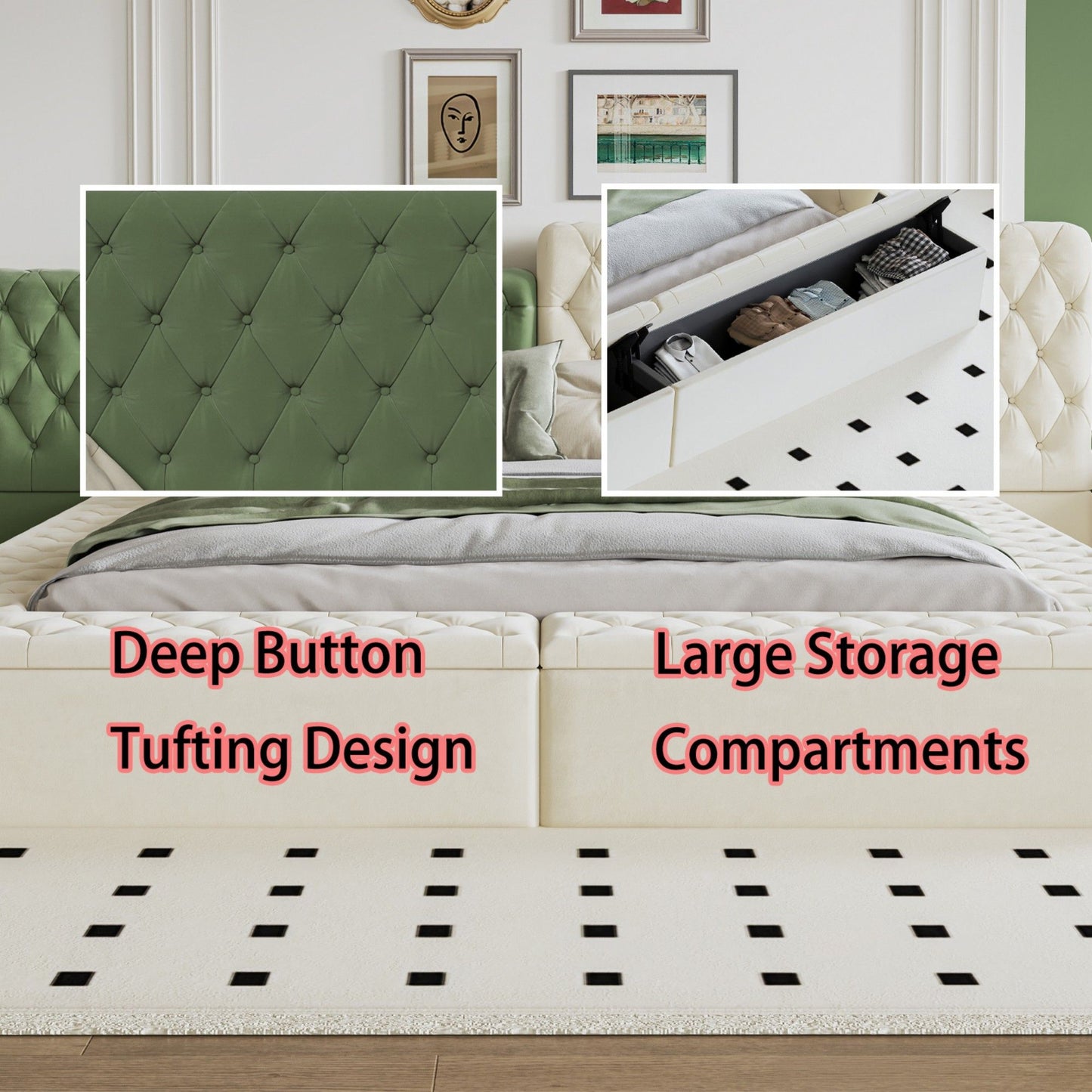 King Modern Upholstered Platform Bed With Storage Space, Sturdy And Stable Solid Wood Frame, Polyester Fabric, Easy To Assemble - Beige