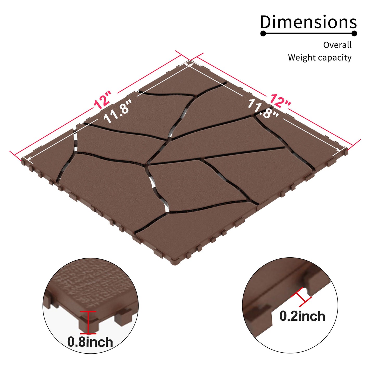 Stone Style 12" Patio Deck Tiles Diy Interlocking Floor Tiles, 44 Pieces - Red Brown
