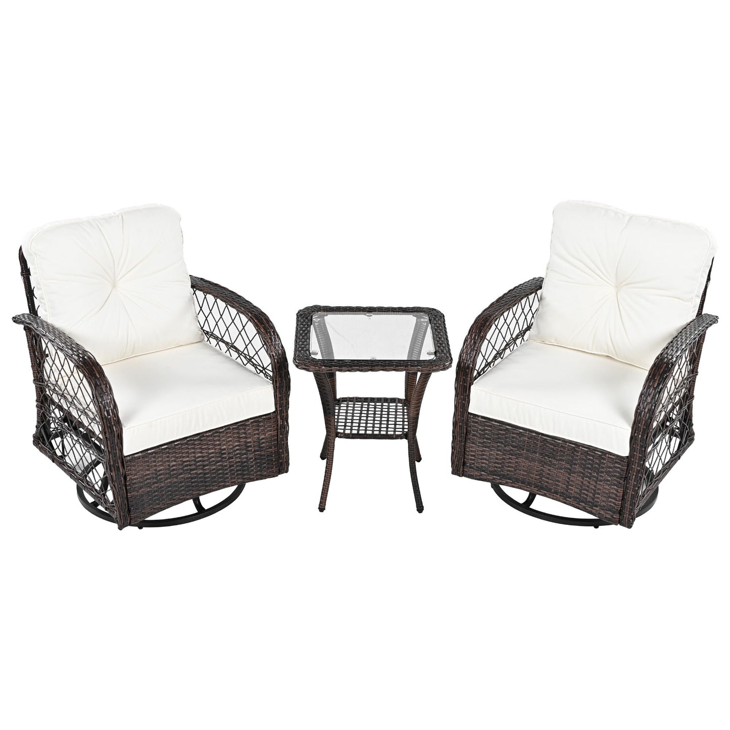 3 Piece Outdoor Chair & Table Set Chat Set 2 Person Rattan Seating Group With 2 Swiveling And Rocking Chairs And A Square Table For Garden, Patio, Or Balcony - Brown