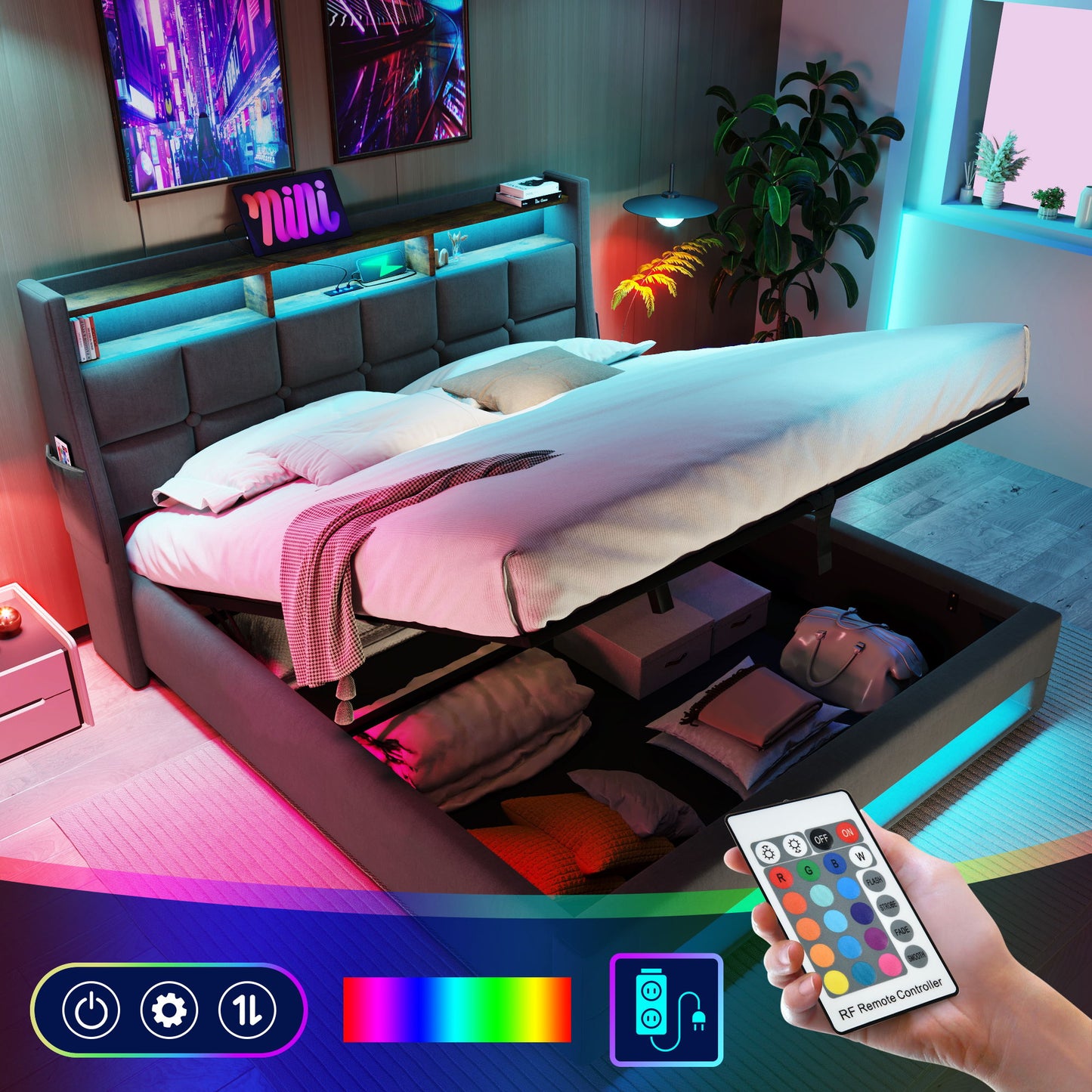 Full Size Upholstered Platform Bed With A Hydraulic Storage System, LED And USB Charging (Without Mattress) - Gray
