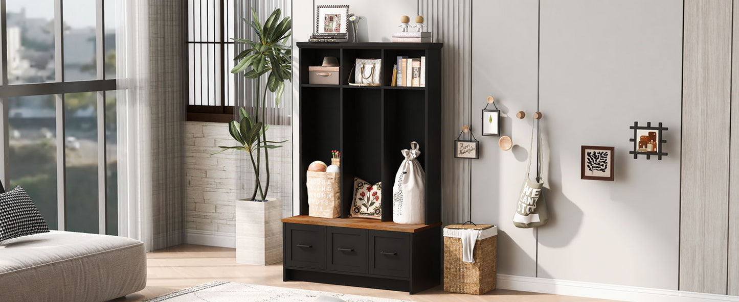 Modern Hall Tree With Entryway Bench, 3 Shelves And Drawers, Wide Hall Tree With Storage Bench For Hallway - Black