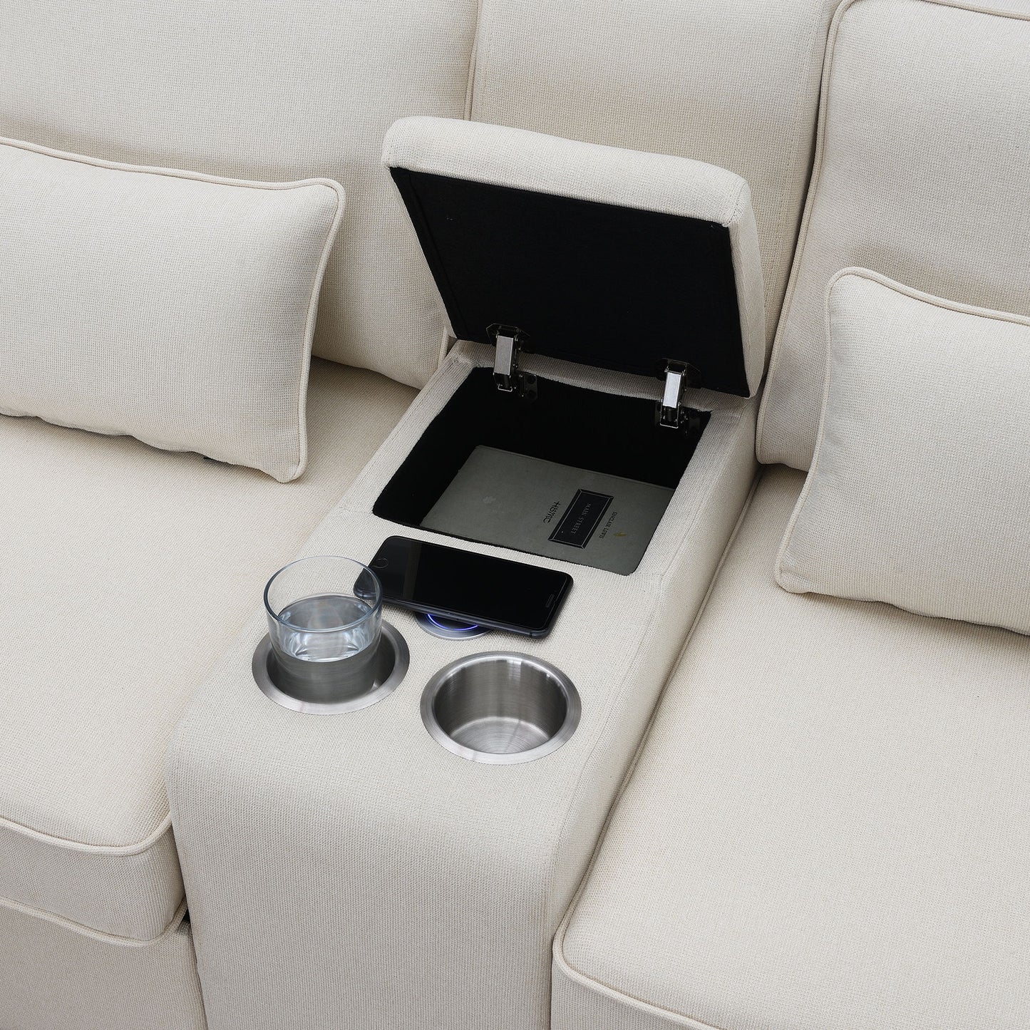 Upholstered Sofa With Console, 2 Cupholders And 2 USB Ports Wired Or Wirelessly Charged, Modern Linen Fabric Couches With 4 Pillows (4 Seat) - Beige