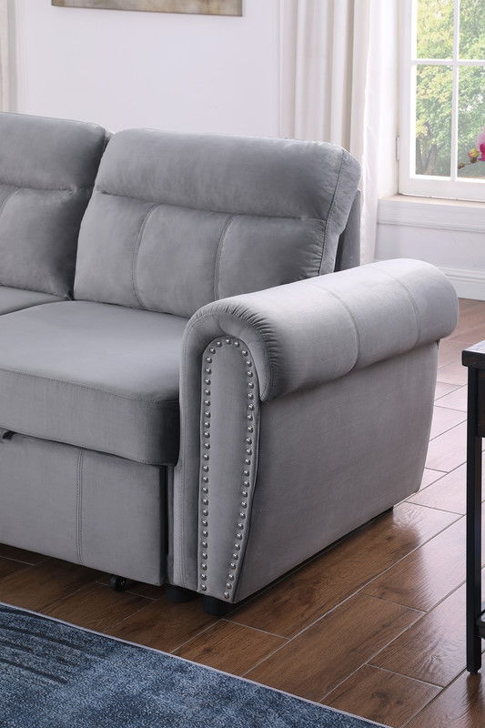 Ashton - Velvet Fabric Reversible Sleeper Sectional Sofa Chaise - Gray
