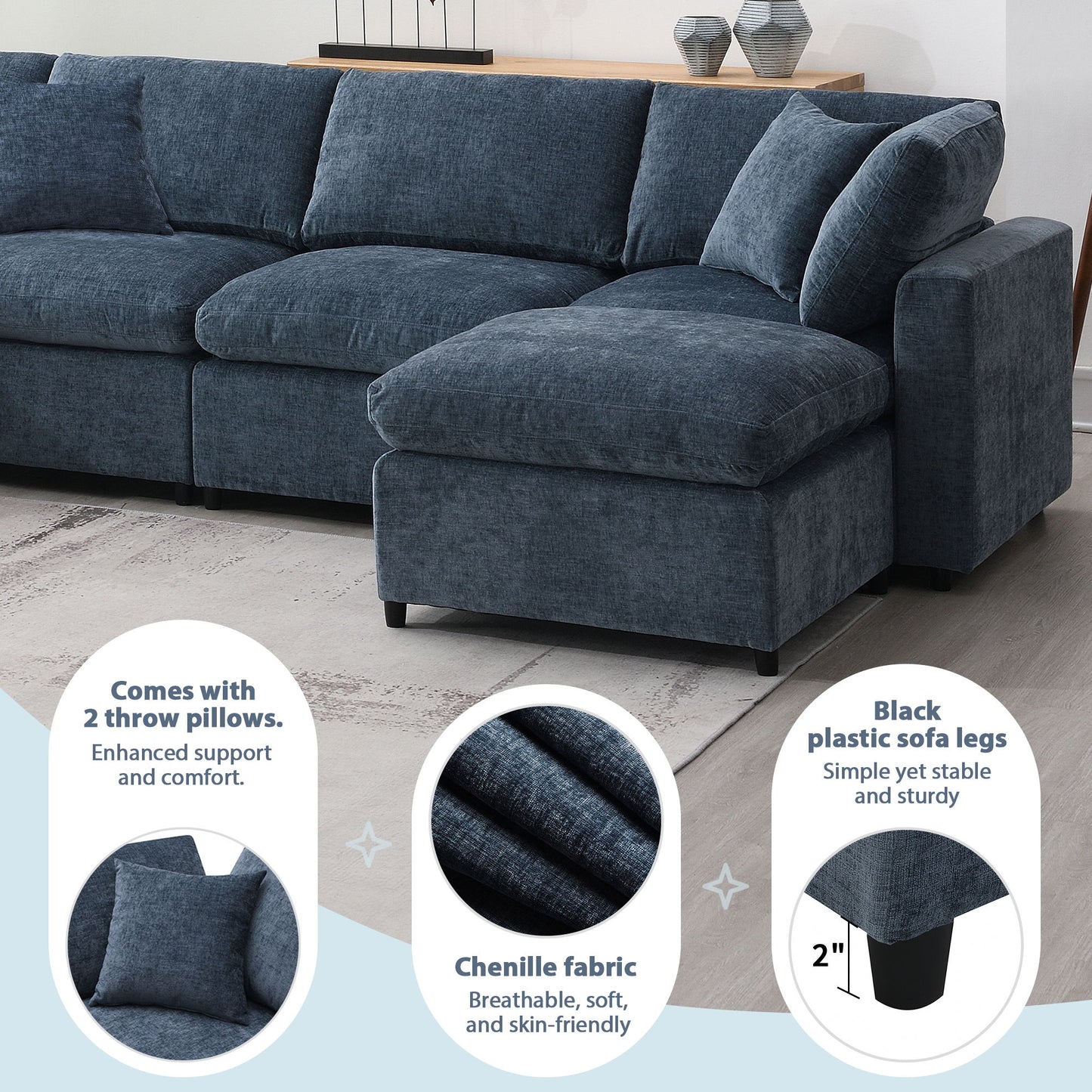 Modern Modular Cloud Sofa Bed, 6 Seat Chenille Sectional Couch Set With Ottoman, Free Combination, Convertible U Shaped Sleeper Sofa - Dark Blue