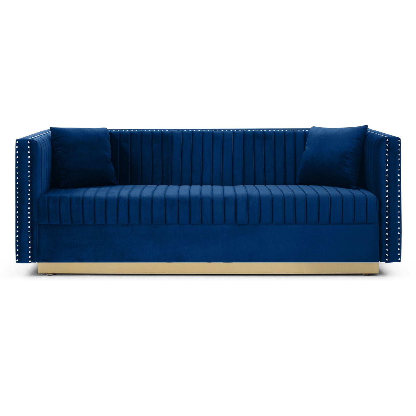 Contemporary Vertical Channel Tufted Velvet Sofa Loveseat Upholstered 2 Pieces Set With 4 Pillows - Blue
