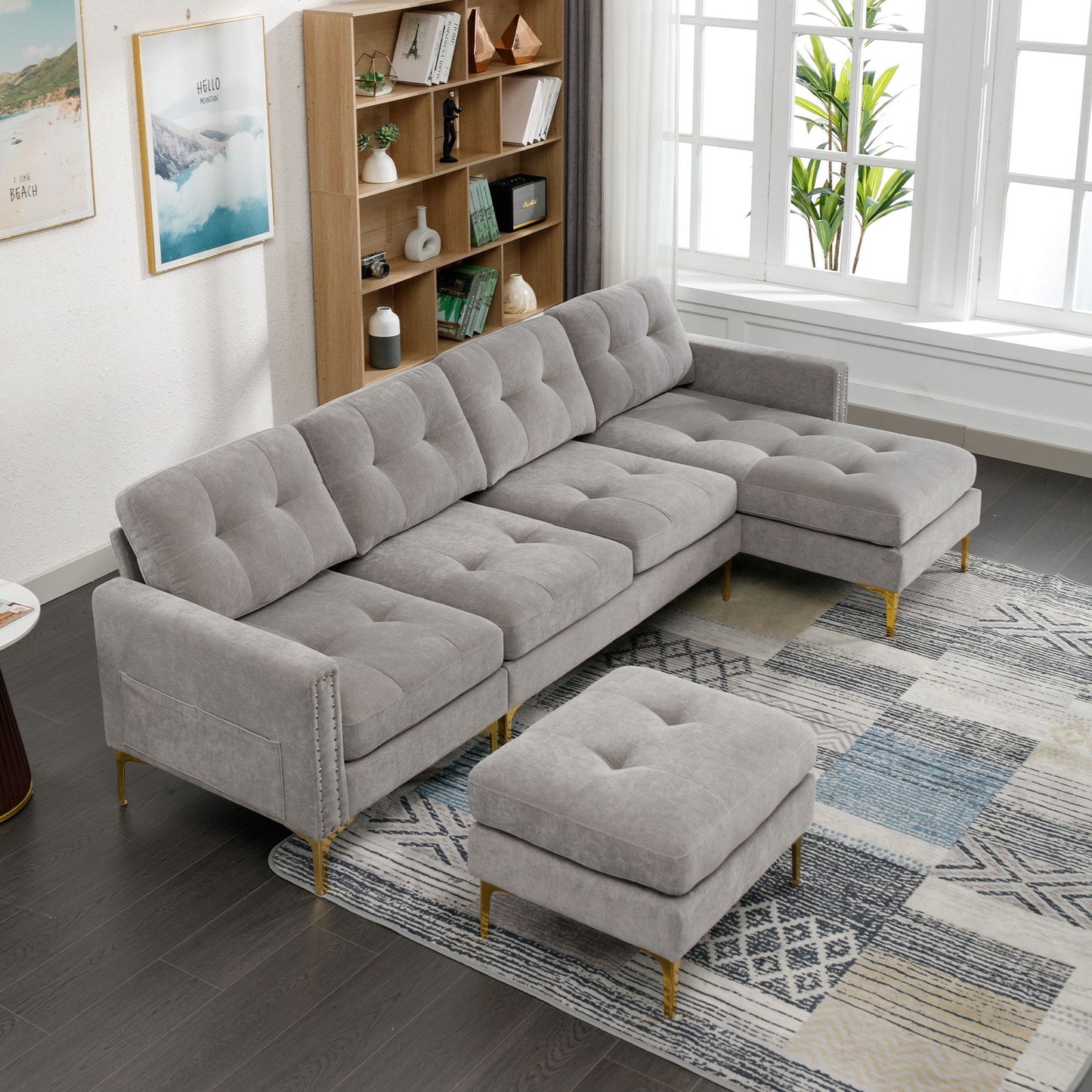 Convertible Sectional Sofa Couch With Movable Ottoman - Light Gray