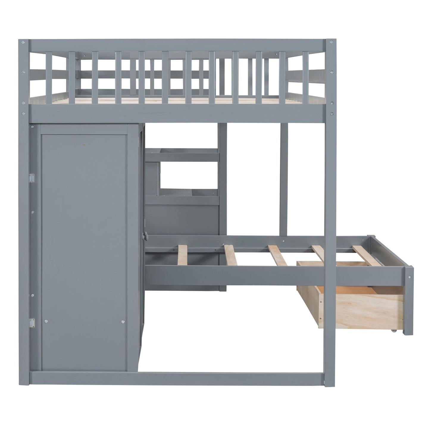 Full Over Twin Bunk Bed With Wardrobe, Drawers - Gray