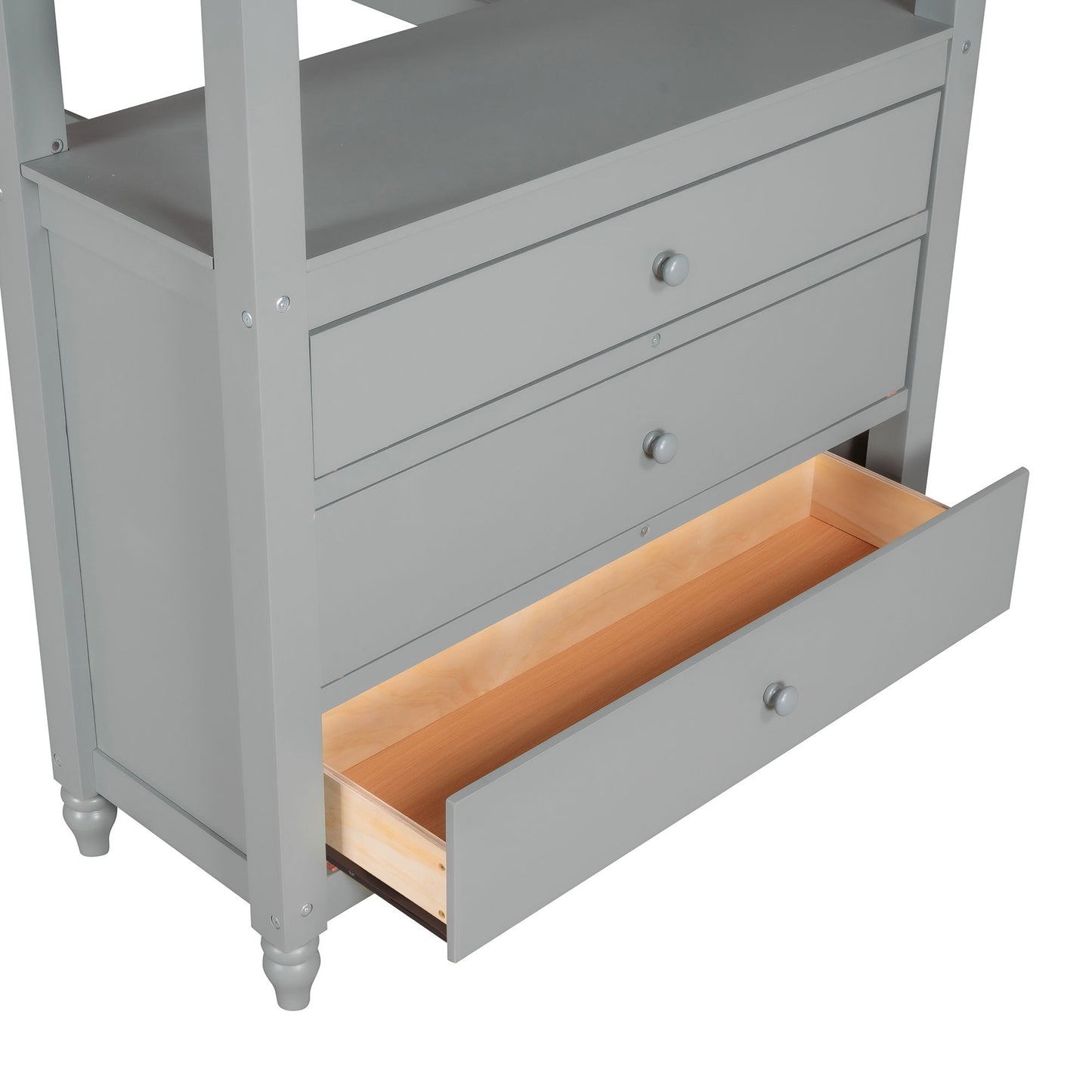 Twin Size Loft Bed With Drawers And Desk, With Shelves - Gray