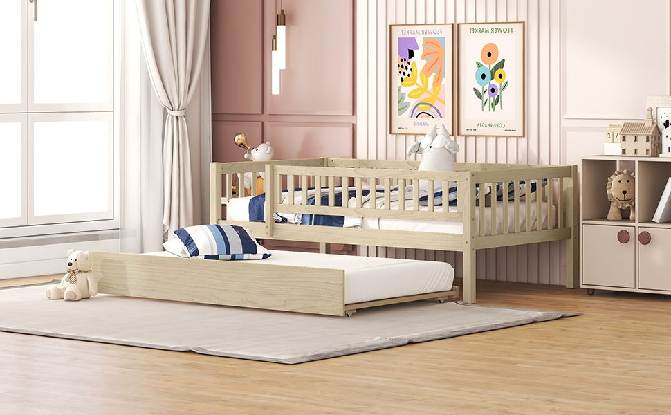 Twin Size Daybed With Trundle And Fence Guardrails - Natural