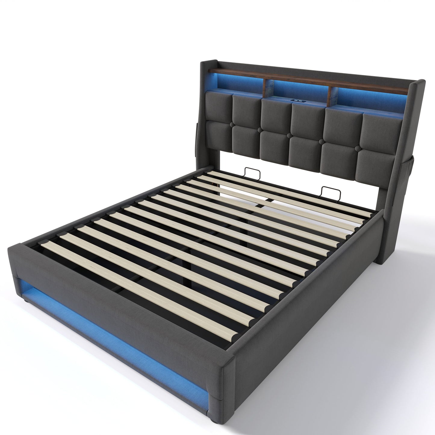 Full Size Upholstered Platform Bed With A Hydraulic Storage System, LED And USB Charging (Without Mattress) - Gray