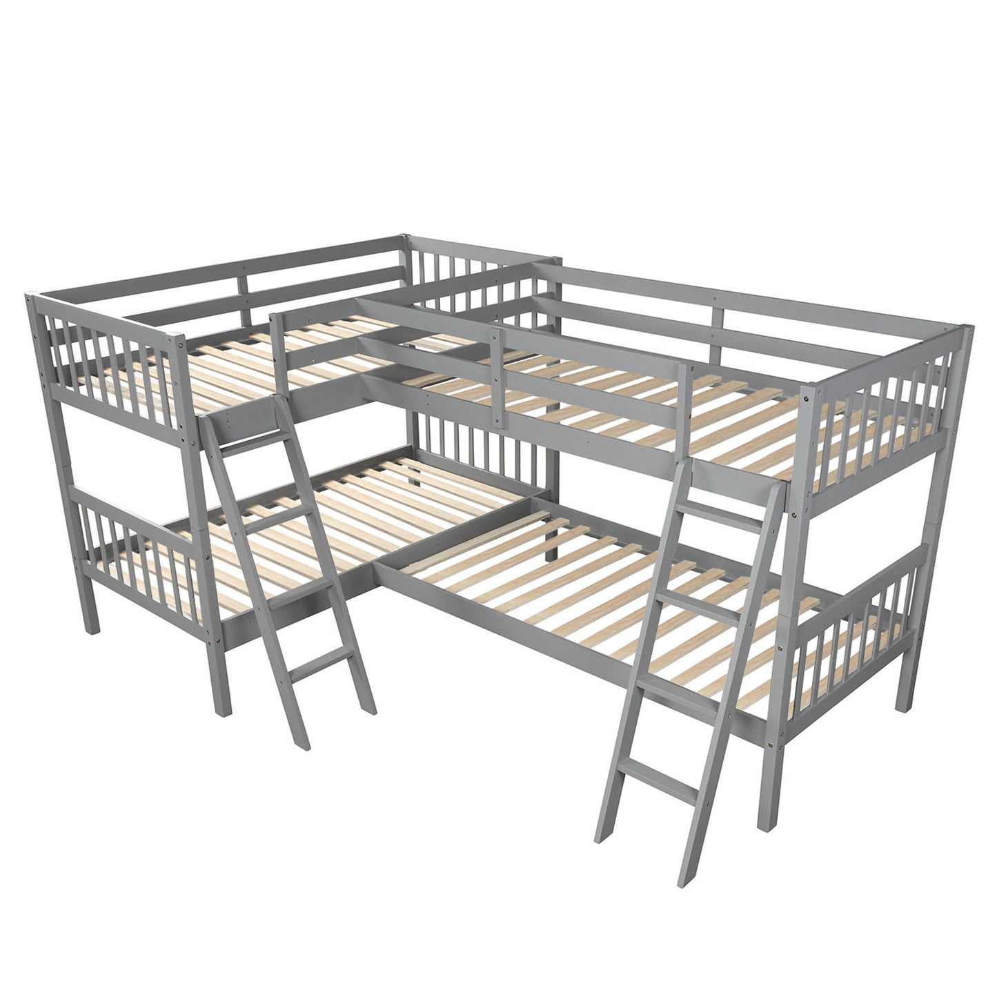 Twin Size L Shaped Bunk Bed With Ladder - Gray