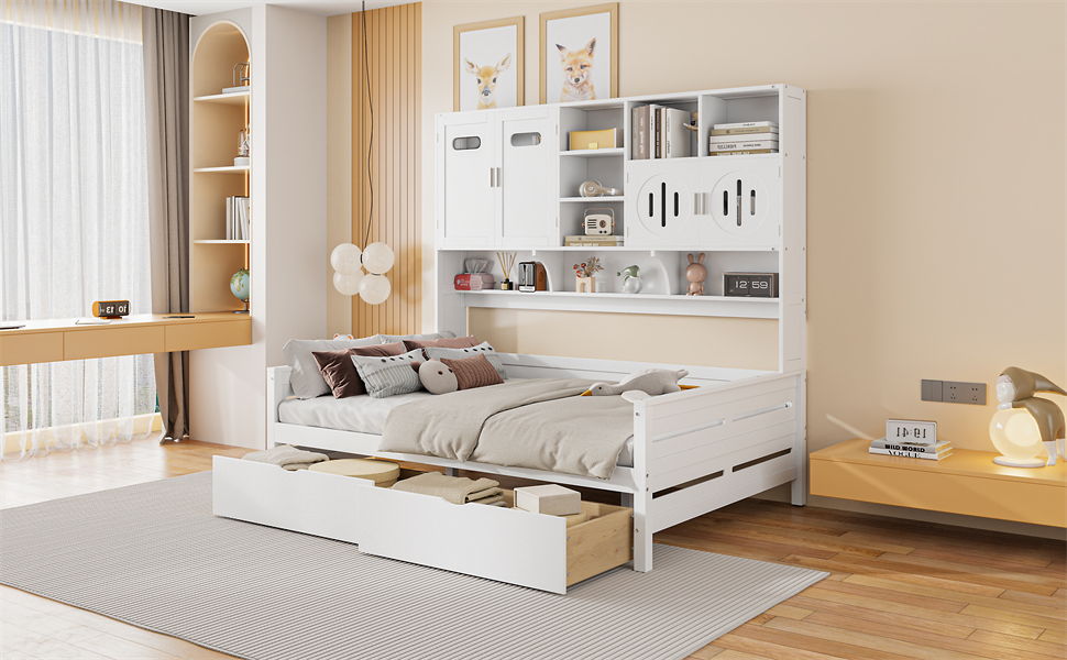 Full Size Daybed With 2 Drawers And All In One Cabinet And Shelf - White