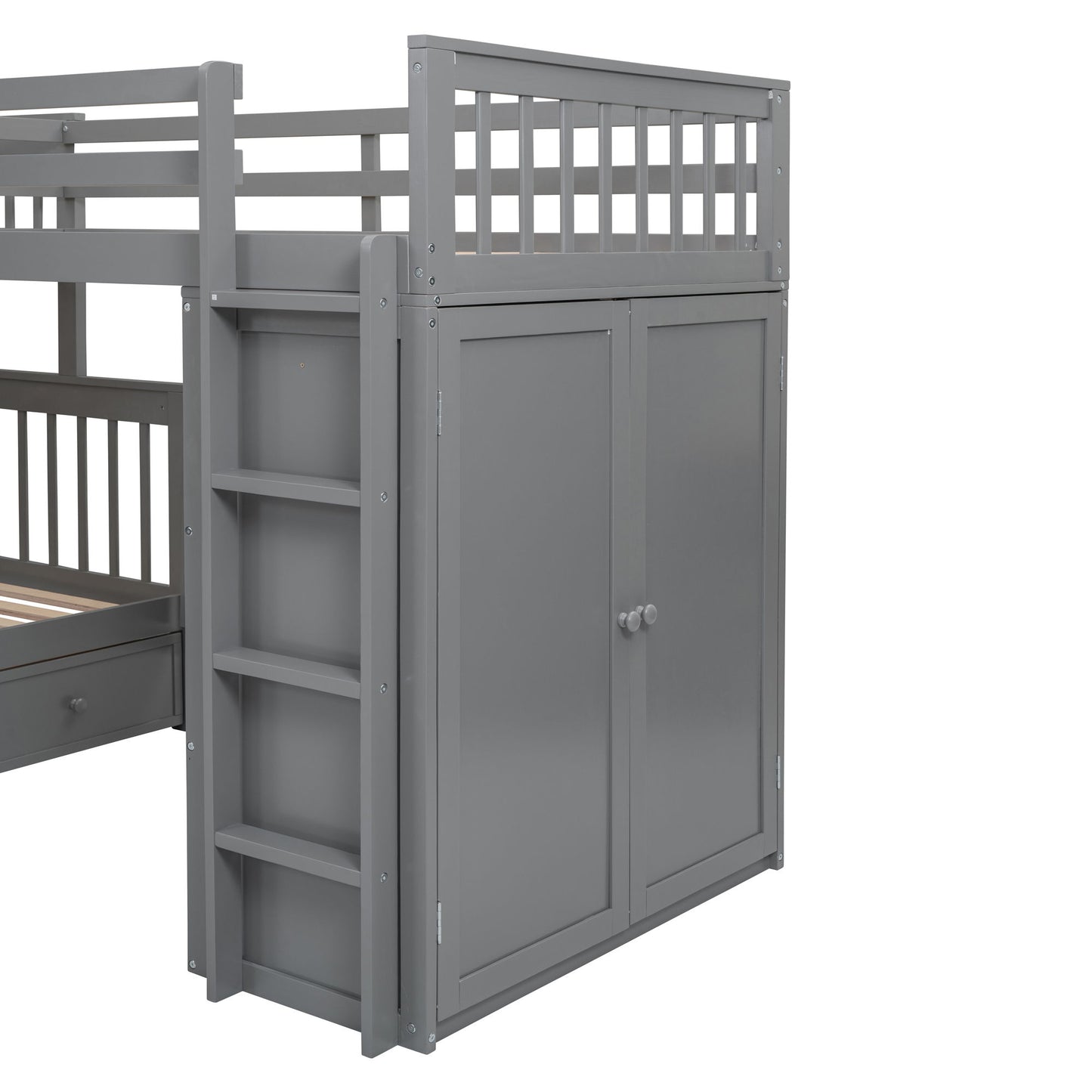 Twin Twin Over Full L Shaped Bunk Bed With 3 Drawers, Portable Desk And Wardrobe - Gray