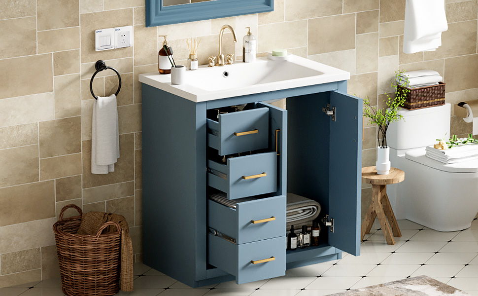 Bathroom Vanity With Ceramic Sink Combo, Frame Bathroom Storage Cabinet, Freestanding Vanity Set With 3 Drawers & Soft Closing Doors - Indigo