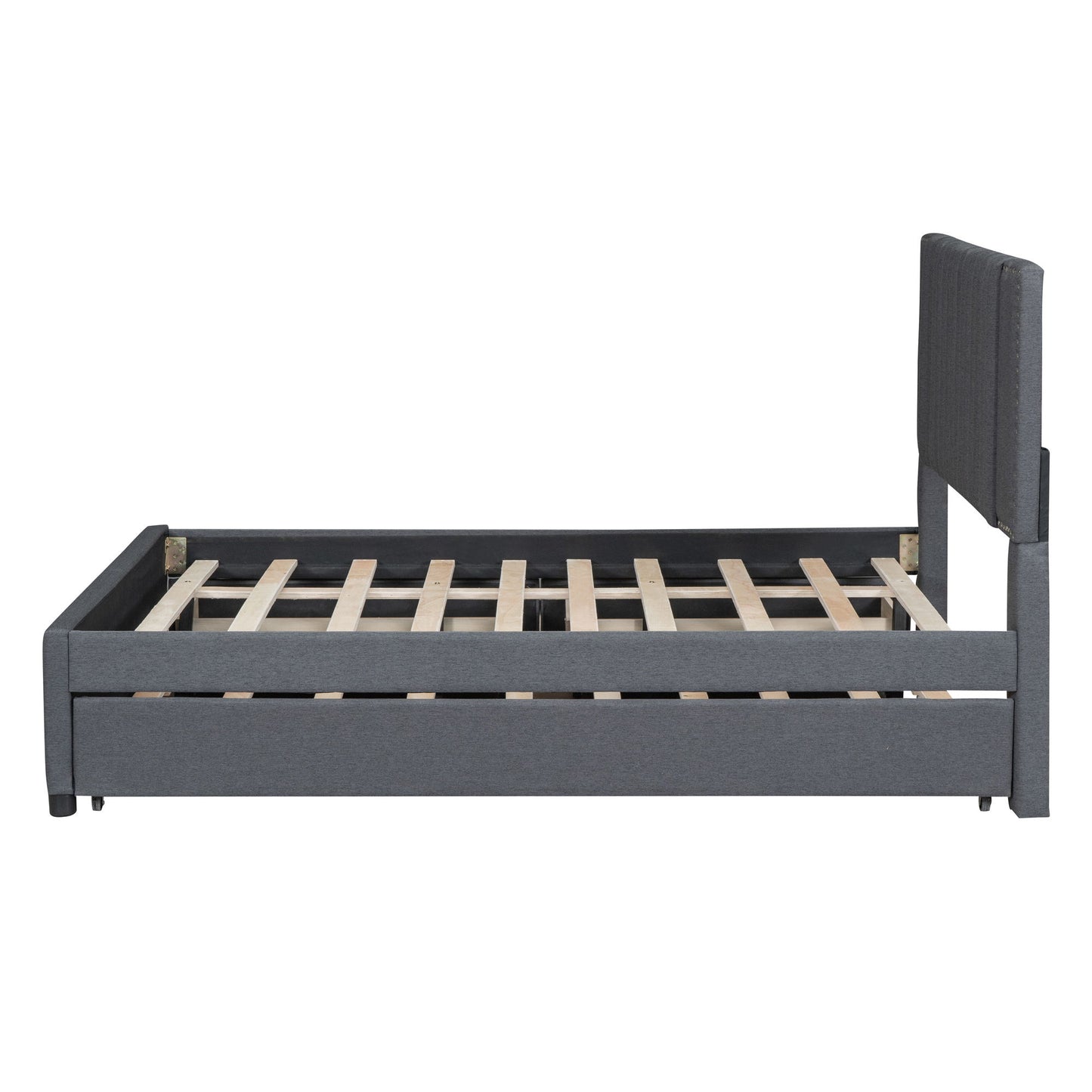 Full Size Upholstered Platform Bed With 2 Drawers And 1 Twin Size Trundle, Classic Headboard Design - Gray
